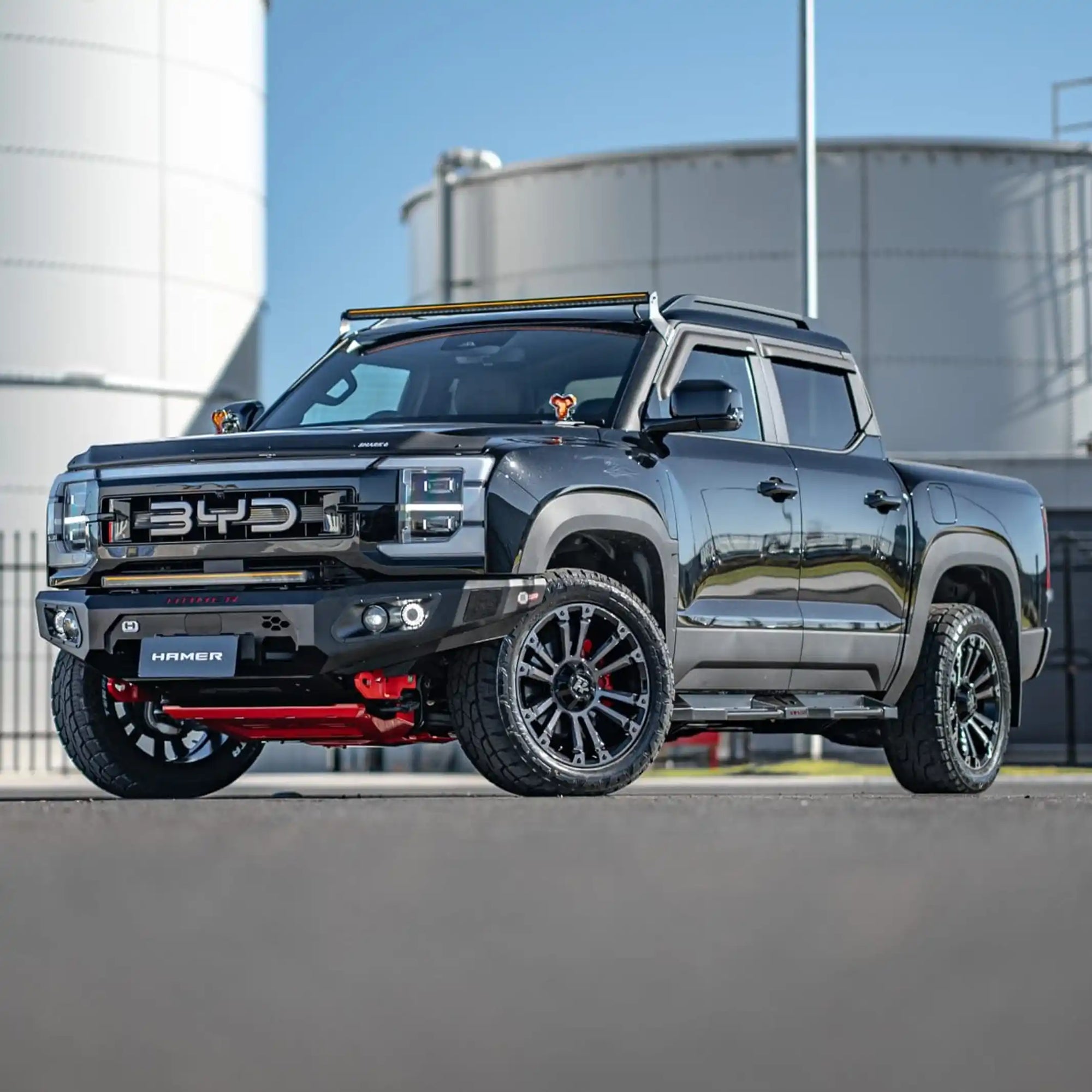 right installed view of hamer king series bull bar fitted to byd shark 6 with slim integrated bumper replacement elevated 4x4