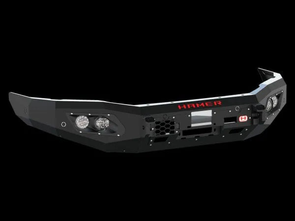 Product image of Hamer King Series Bull Bar for Ford Ranger Raptor 2018–2022, showing matte black powder-coated finish, number plate flip, and rugged off-road ready design.