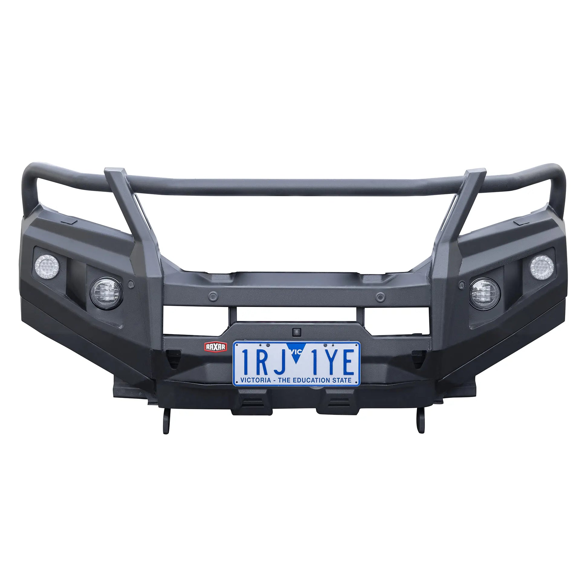 front product display of raxar loop bull bar designed to suit mitsubishi pajero sport featuring e coated powder coated matte black finish antenna tabs and high lift jacking points trusted by offroad enthusiasts across australia through elevated 4x4
