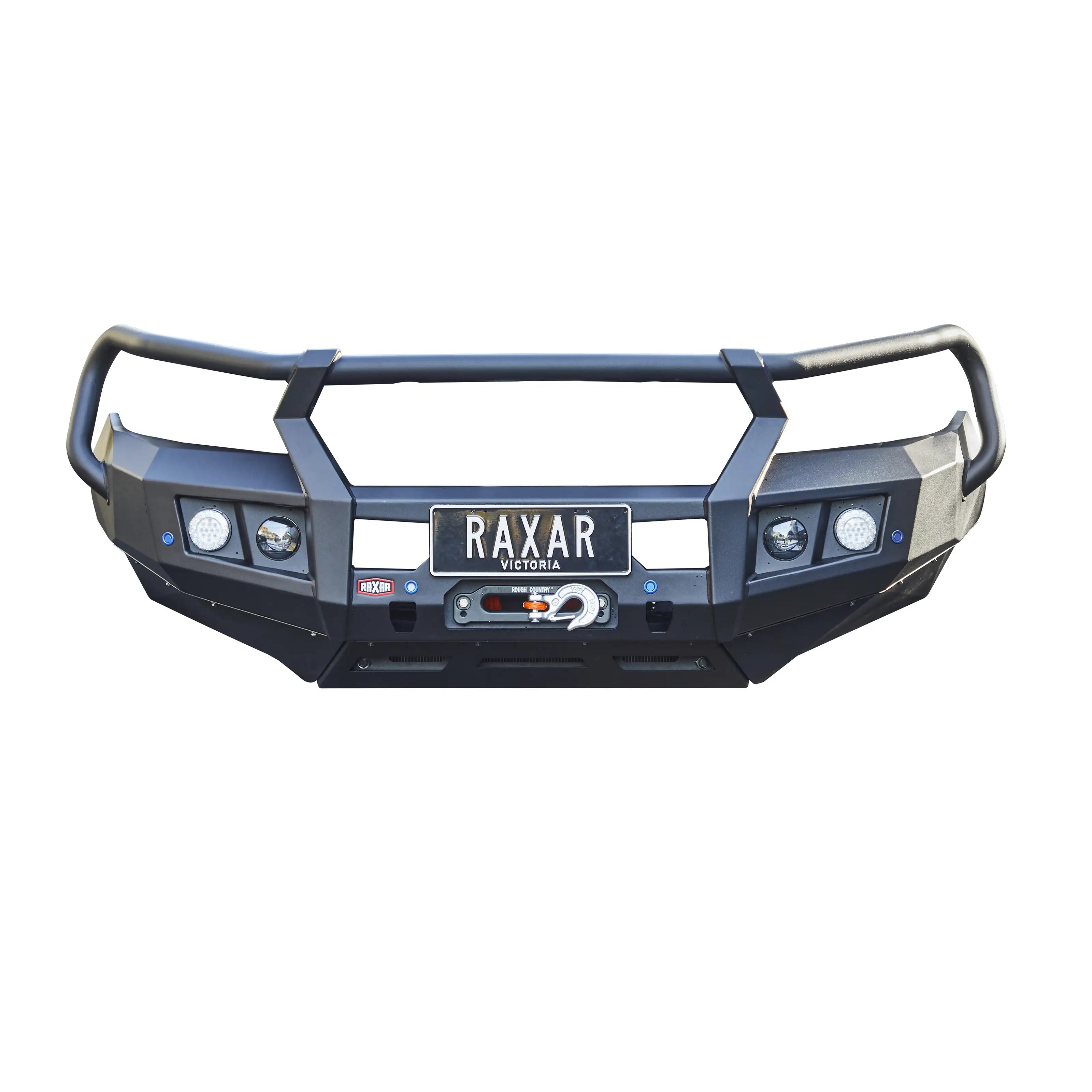 product front display of raxar looped bull bar for mazda bt50 2025 featuring full winch compatibility antenna tabs driving light mounts and durable e coated matte black finish this premium 4x4 bull bar delivers superior safety strength and style trusted by australian offroaders through elevated 4x4