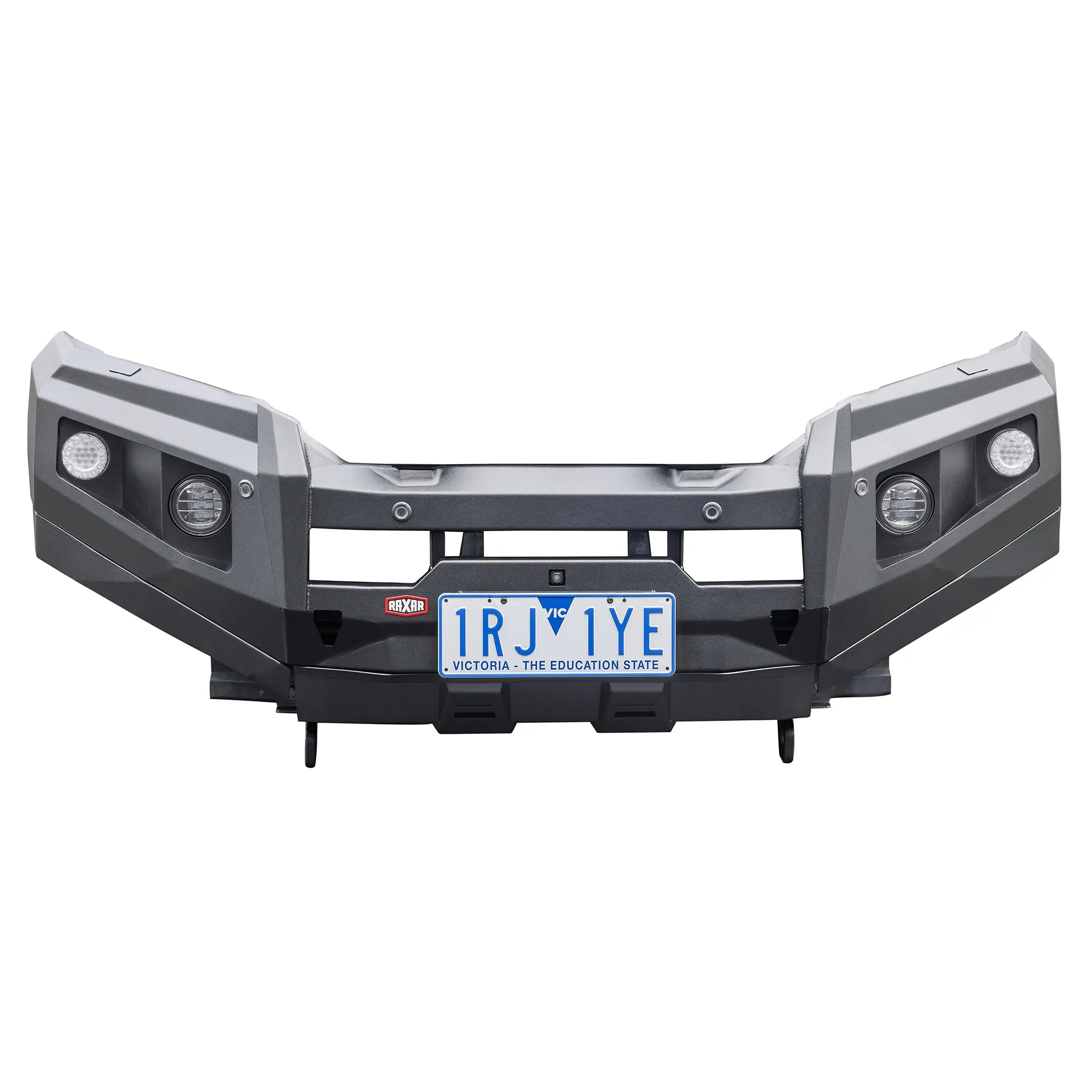 front product display of raxar no loop bull bar designed to suit mitsubishi pajero sport with matte black powder coat finish antenna tabs and high lift jacking points built for durability and trusted by offroad drivers across australia at elevated 4x4