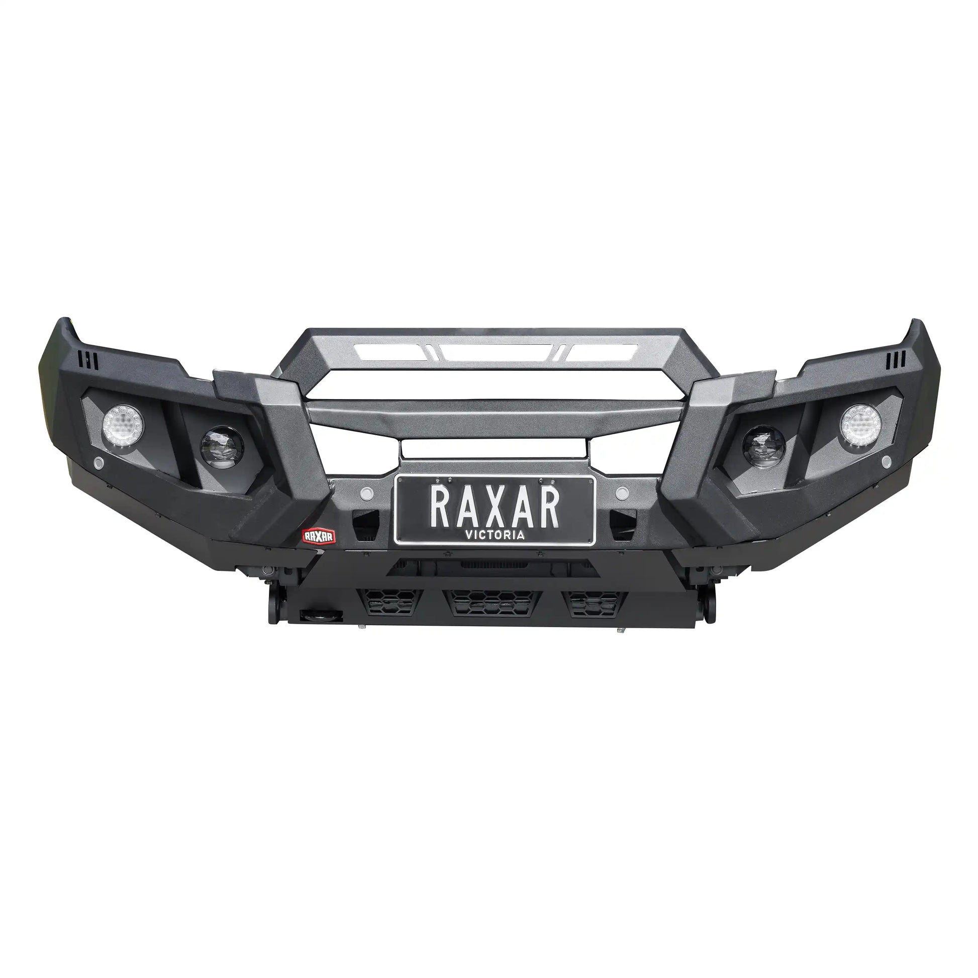 mazda bt50 no looped raxar bull bar product front display view featuring bumper replacement construction recovery points underbody bash plates and winch ready functionality with e coated powder coated matte black finish this bull bar is designed for maximum protection and reliability in australian offroad conditions supplied by elevated 4x4