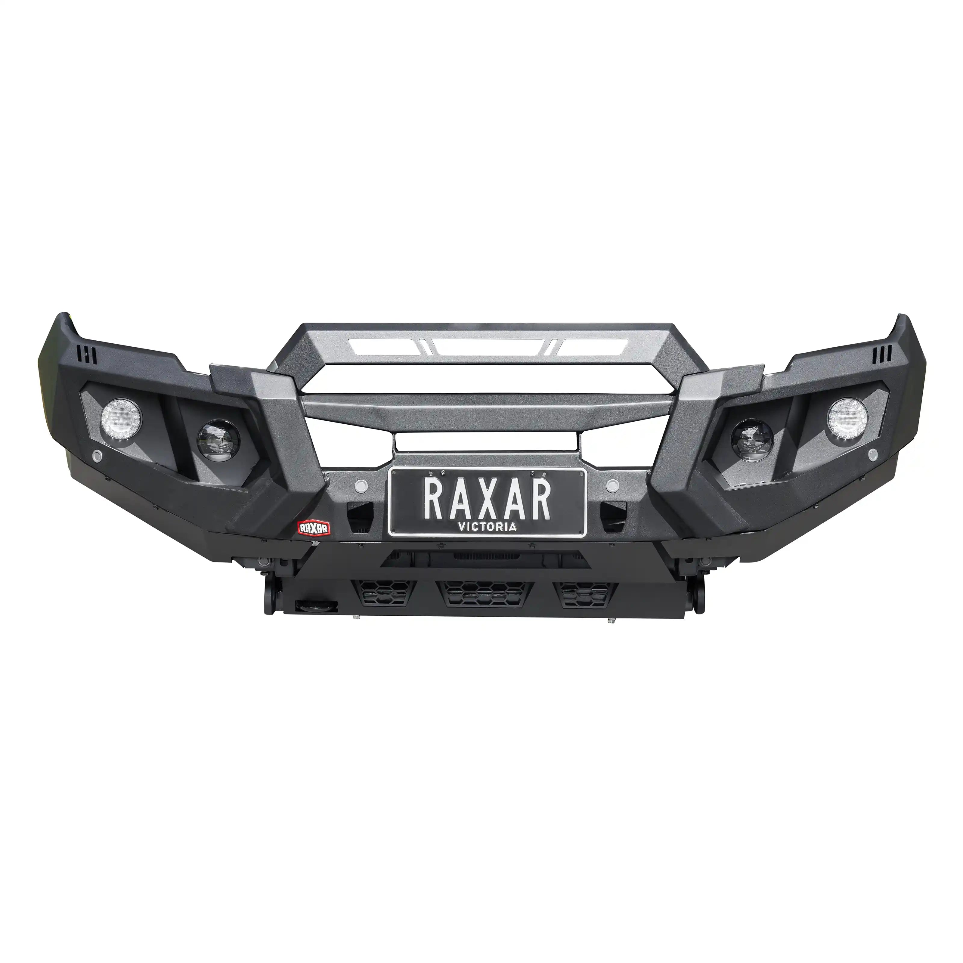 mazda bt50 no looped raxar bull bar product front display view featuring bumper replacement construction recovery points underbody bash plates and winch ready functionality with e coated powder coated matte black finish this bull bar is designed for maximum protection and reliability in australian offroad conditions supplied by elevated 4x4