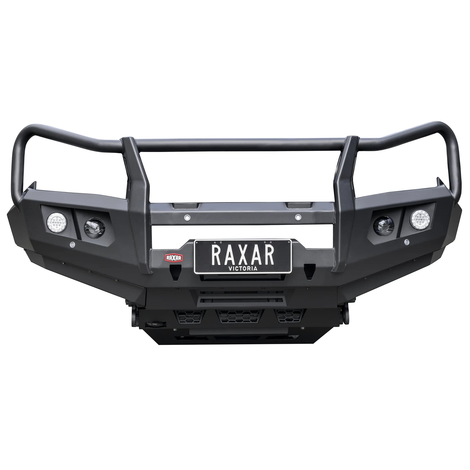 Front product display of the RAXAR OF looped bull bar for Mitsubishi Pajero Sport QF, designed with ADR compliance, fog light compatibility, and powder-coated matte black durability. The perfect upgrade for protection and appearance, available at Elevated 4x4.
