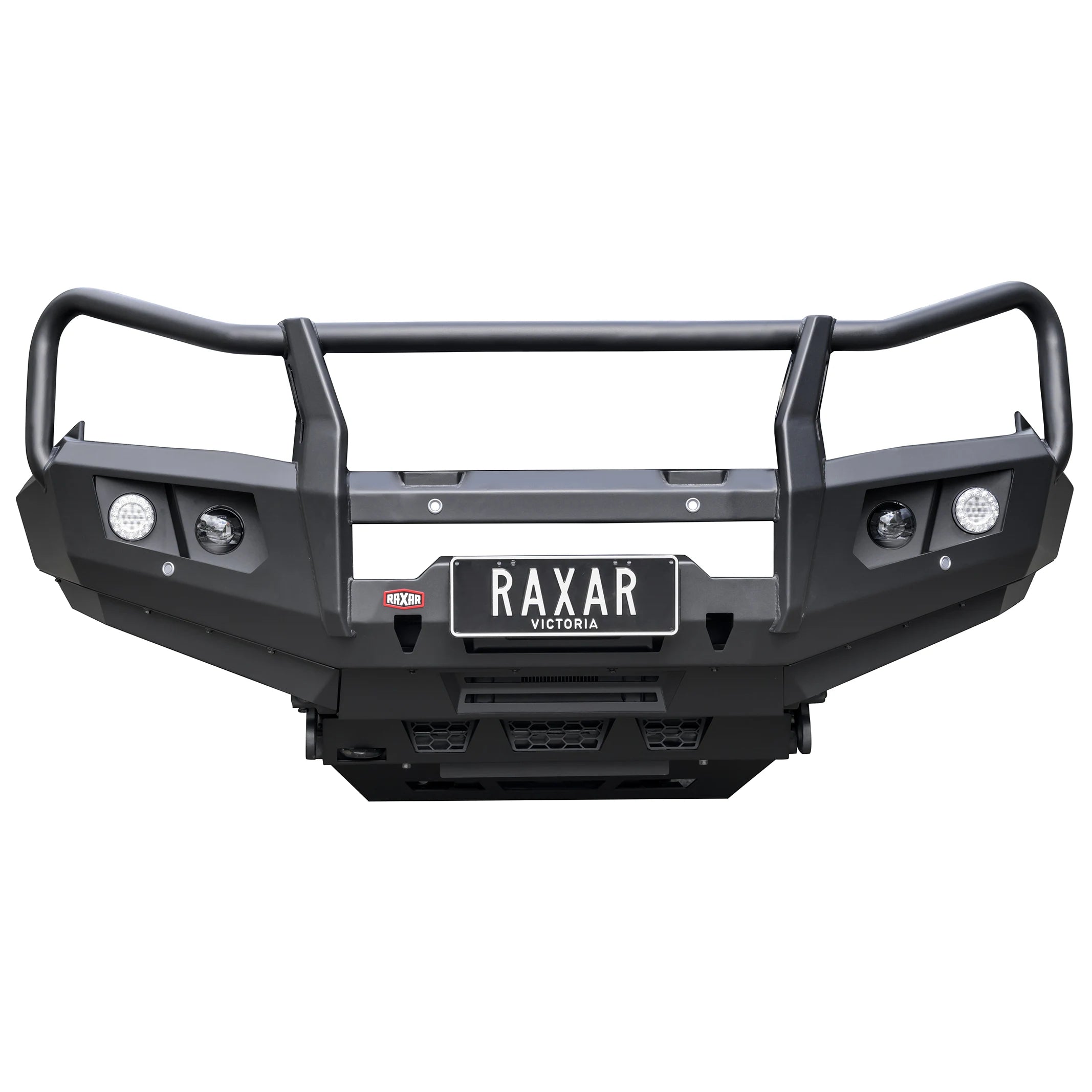 Front product display of the RAXAR OF looped bull bar for Mitsubishi Pajero Sport QF, designed with ADR compliance, fog light compatibility, and powder-coated matte black durability. The perfect upgrade for protection and appearance, available at Elevated 4x4.