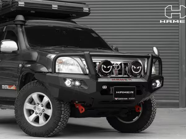 King Series Plus Bull Bar for Toyota LandCruiser Prado 120 Series (2003–2009) by Hamer 4x4 – Heavy-Duty Steel Front Bull Bar with Winch Compatibility, Factory Sensor Compatibility and LED Lights