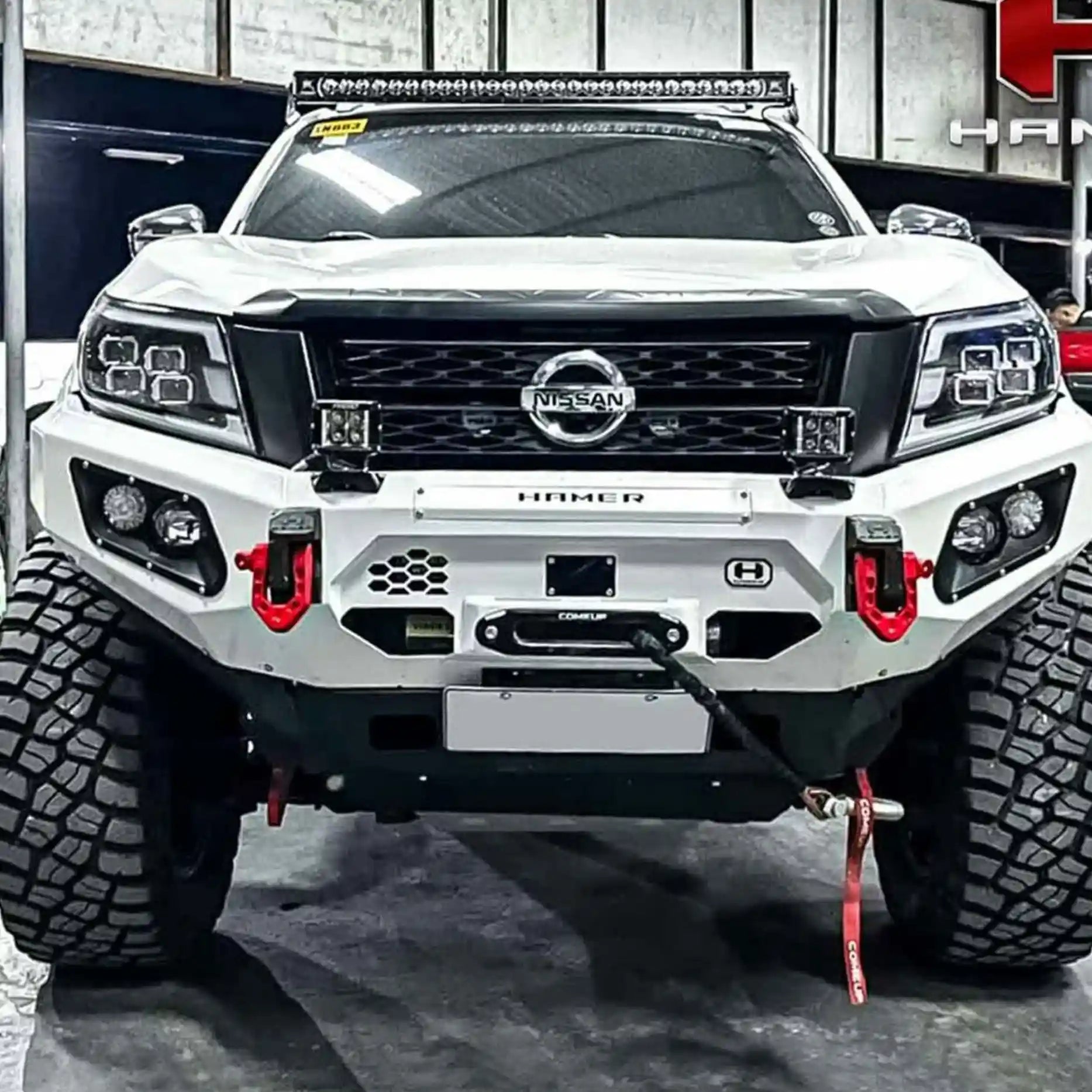 Aggressive front profile of Nissan Navara (2021–Present) featuring Hamer King Series Bull Bar, offering bold styling, radar module support, and durability.