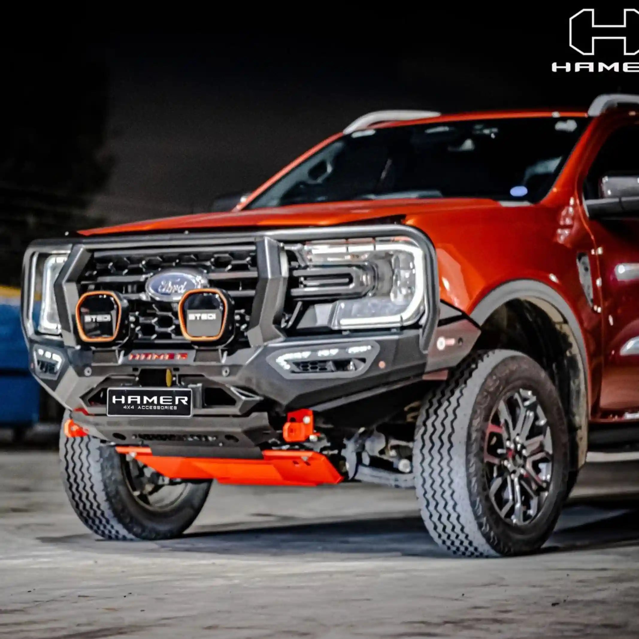Right installed view of Atlas Series Plus Bull Bar on Ford Ranger (2022–Present) by Elevated 4x4 Australia, showing mounting points for extra lights, winch access, and LED integration.