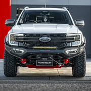 Front installed view of Atlas Series Bull Bar on Ford Ranger (2022–Present) by Elevated 4x4 Australia, showing matte black finish, ADR compliance, and LED lights.