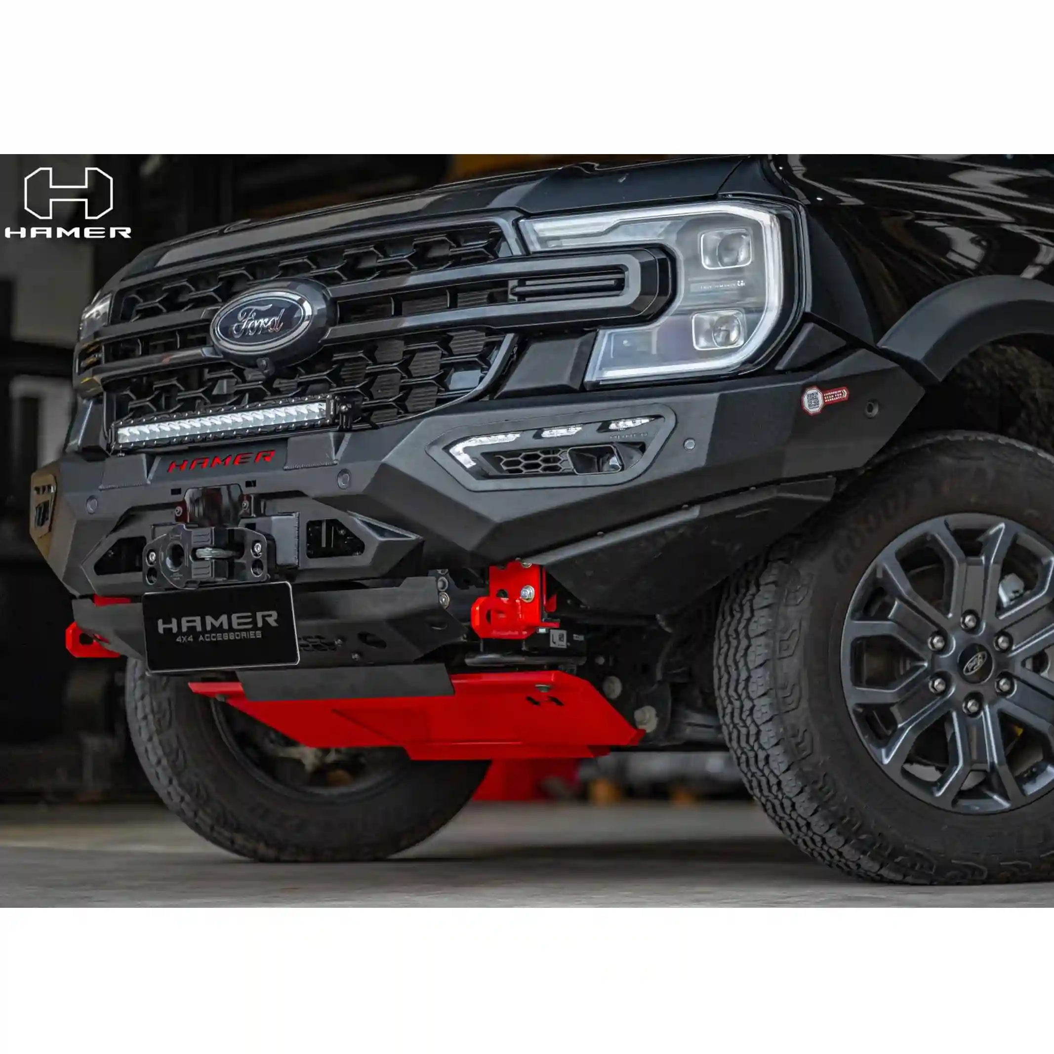 Right-angle installed view of Atlas Series Bull Bar on Ford Ranger (2022–Present), highlighting mounting points for extra lights and aerials, winch access, and rugged matte black finish by Elevated 4x4 Australia.