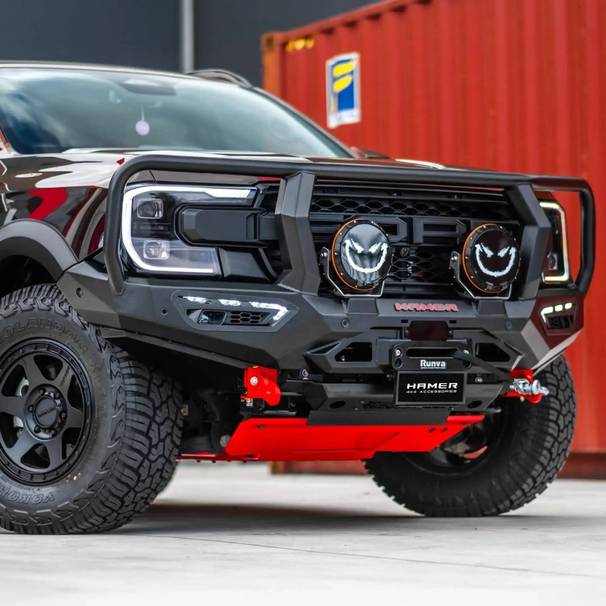 atlas series plus bull bar for ford everest 2022 black vehicle left angle showcasing adr compliance matte black finish sequential led lighting and winch compatibility elevated 4x4