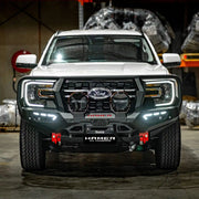 atlas series plus bull bar for ford everest 2022 white vehicle front view demonstrating sequential led system fog lamps matte black finish and seamless factory integration elevated 4x4