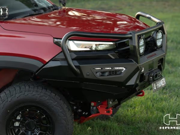 Hamer Atlas Series Plus bull bar installed on Toyota Hilux 2026–Present front three-quarter view