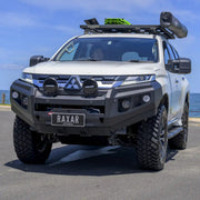 Front installed view of the RAXAR no loop bull bar fitted to Mitsubishi Pajero Sport QF, highlighting its ADR compliance, durable matte black finish, and full winch compatibility. A tough and stylish 4WD upgrade available nationwide at Elevated 4x4.