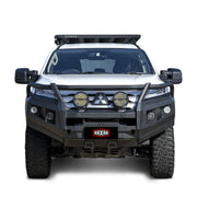 Front installed view of the RAXAR OF looped bull bar fitted to Mitsubishi Pajero Sport QF, showcasing a strong bumper replacement design, recovery points, and full winch compatibility. This premium matte black 4WD bull bar blends strength and style, available across Australia at Elevated 4x4.