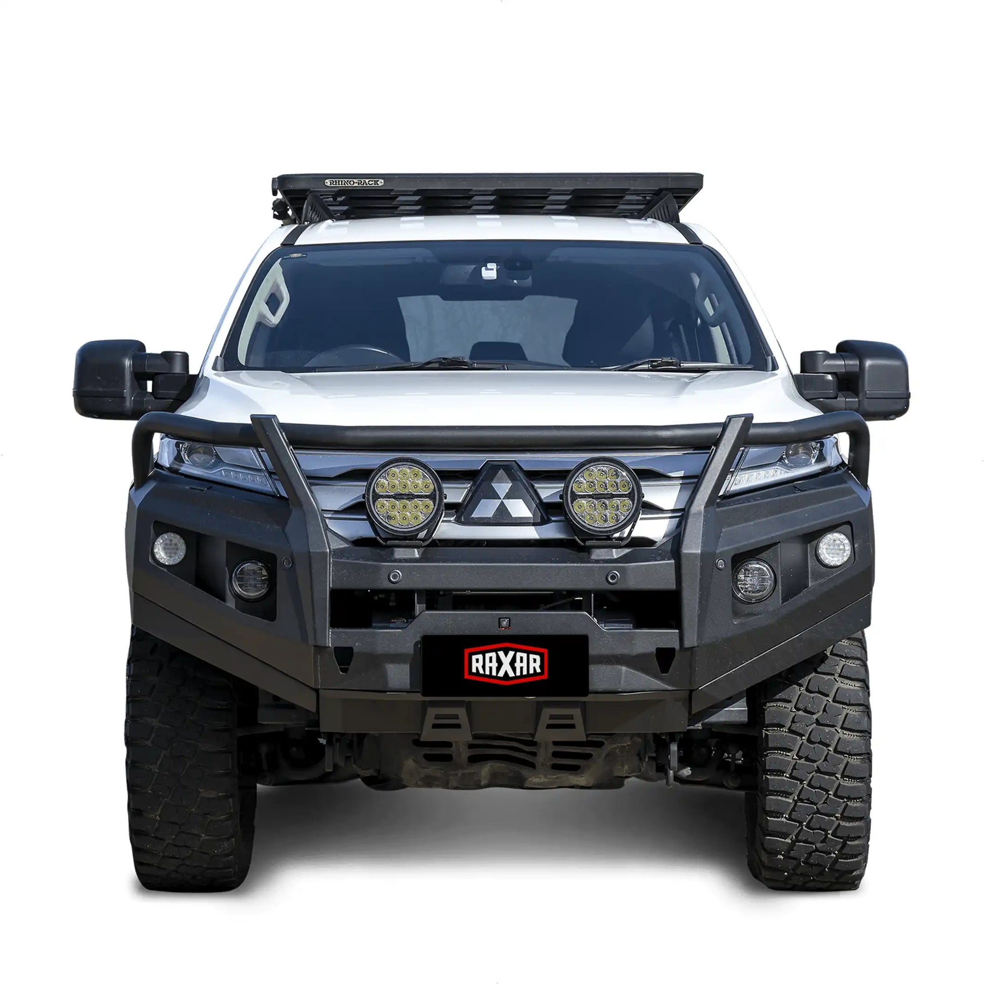 Front installed view of the RAXAR OF looped bull bar fitted to Mitsubishi Pajero Sport QF, showcasing a strong bumper replacement design, recovery points, and full winch compatibility. This premium matte black 4WD bull bar blends strength and style, available across Australia at Elevated 4x4.