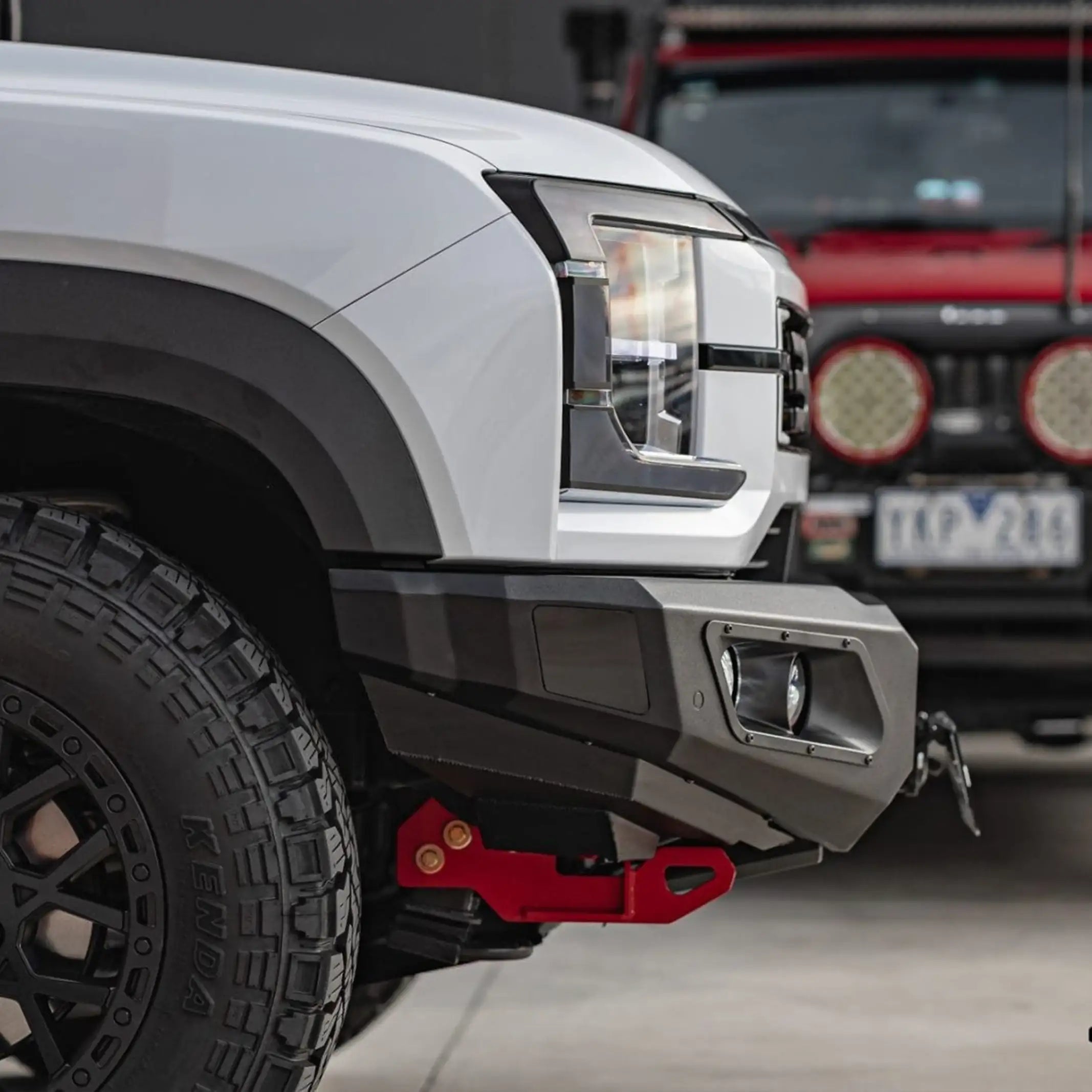 left side installed view of hamer king bull bar for byd shark 6 showing recovery points underbody protection and sleek fit elevated 4x4