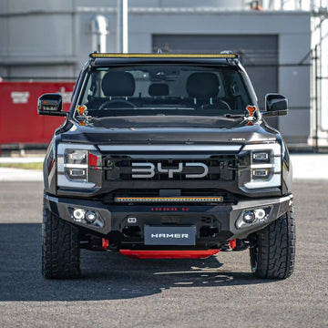 front installed view of hamer king series bull bar on byd shark 6 2024 showing matte black steel adr compliant design elevated 4x4