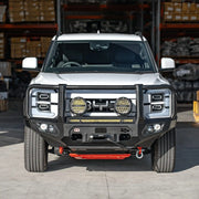 front installed view of hamer king series plus bull bar on byd shark 6 2024 showing 22 inch light bar slot matte black steel finish adr compliant design elevated 4x4