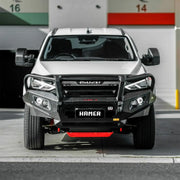 Close-up front view of the Hamer King Series Plus Bull Bar on Isuzu MU-X 2021–2024, highlighting recovery points, sensor compatibility, and durable 3mm steel plate construction.
