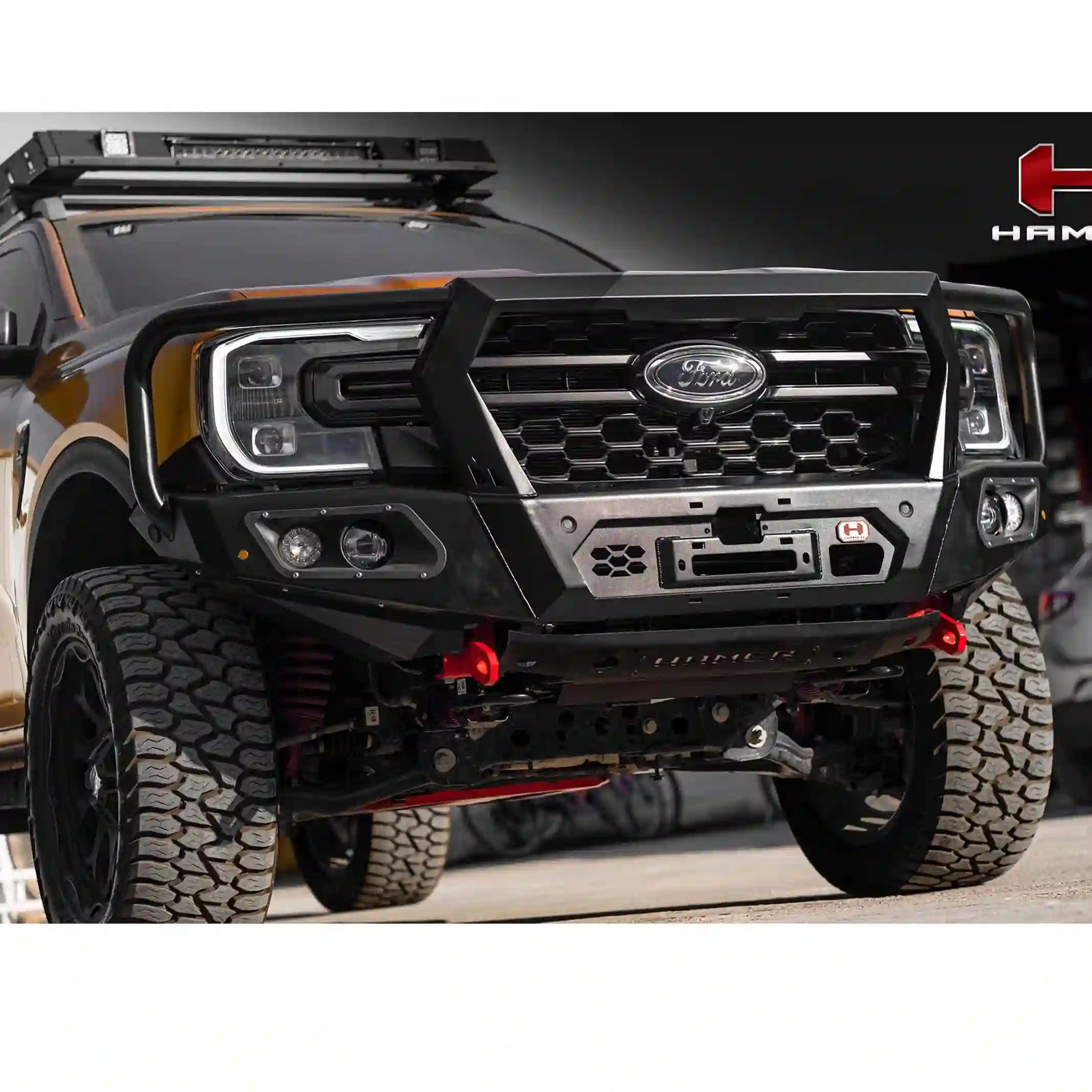 Left close-up view of Hamer 4x4 King Series Plus Bull Bar on Ford Ranger (2022–Present), showing matte black finish, integrated design, and winch-ready access.