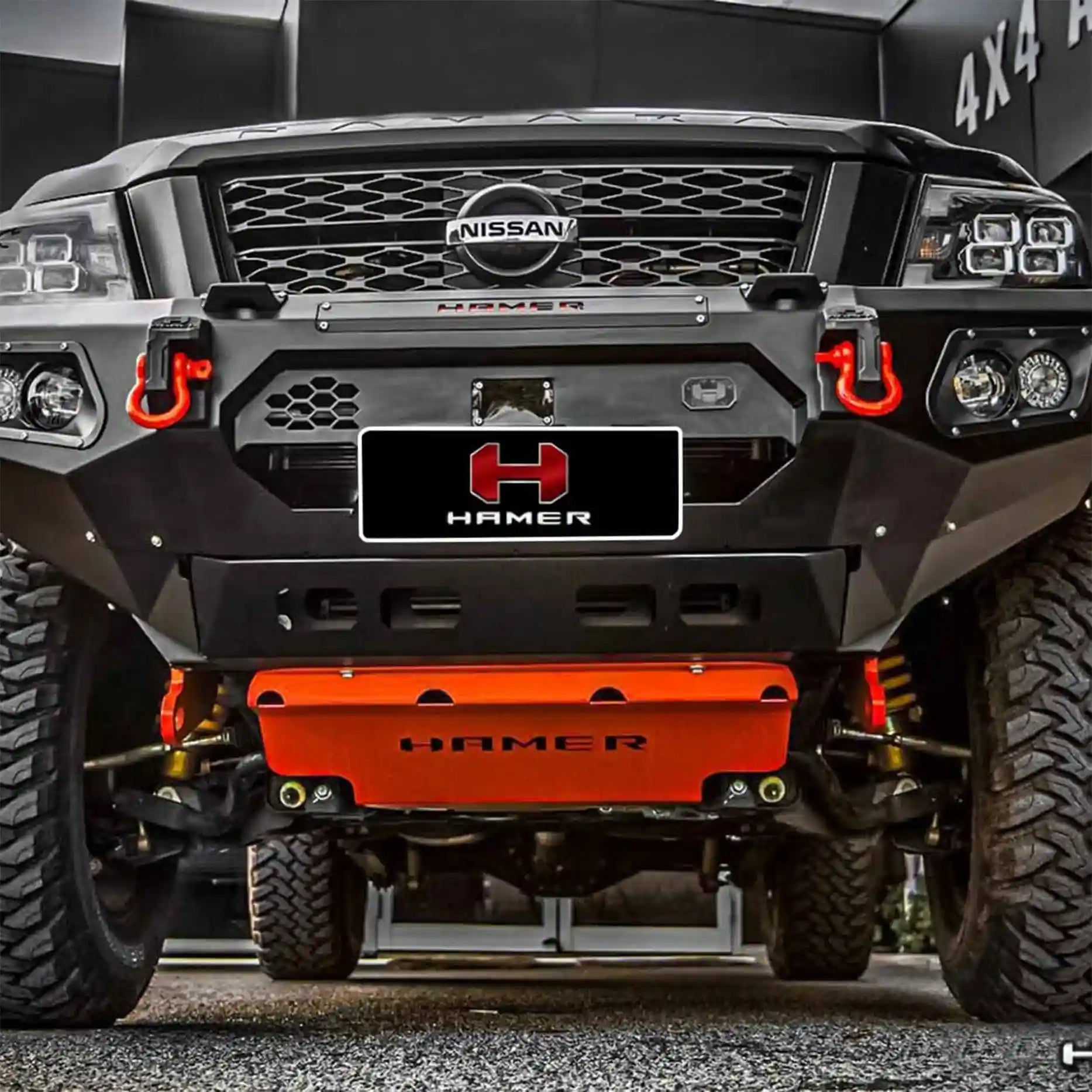 Closeup front detail of Nissan Navara (2021–Present) Hamer King Bull Bar, highlighting steel construction, integrated light bar slot, and premium finish.