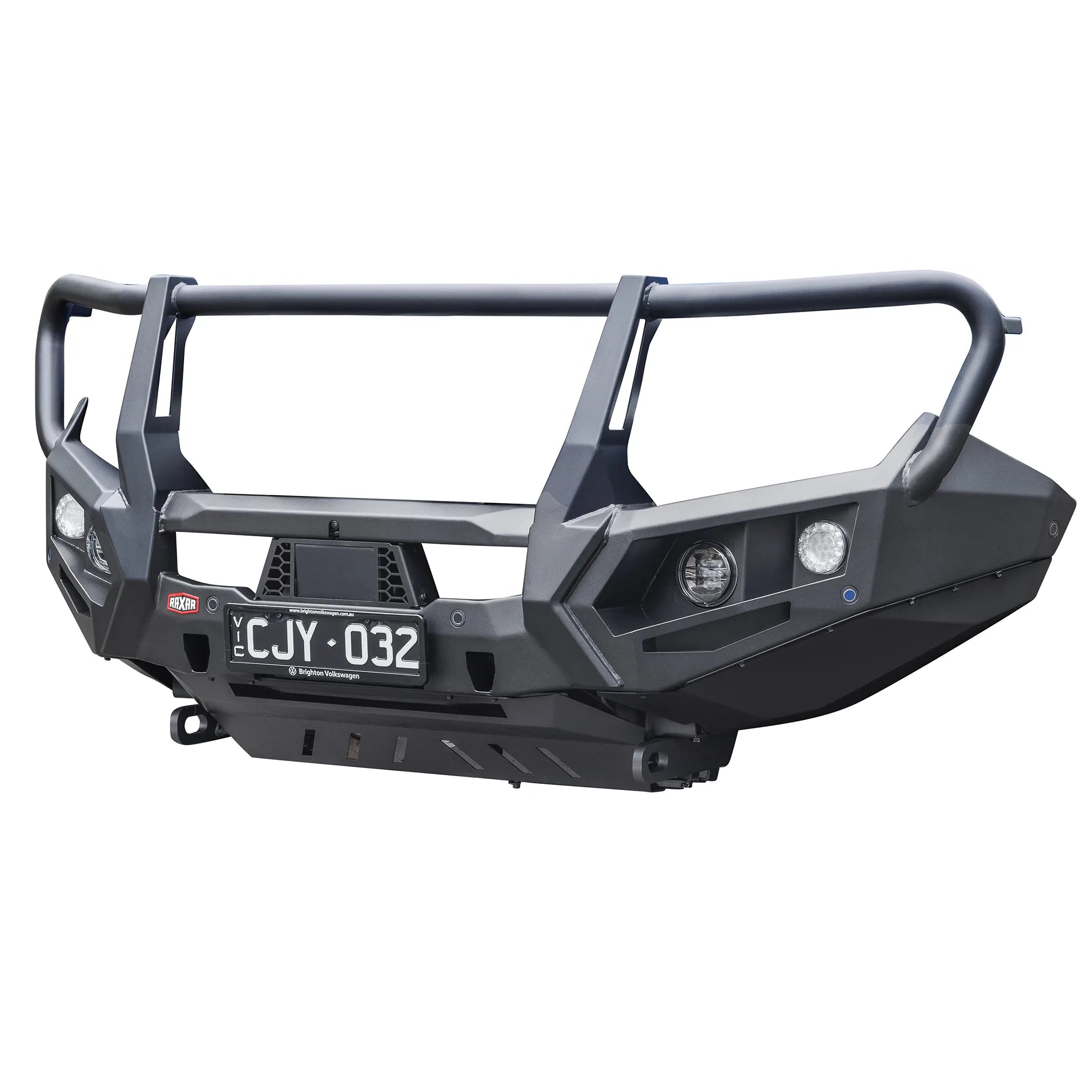 Captured from the right-side perspective, the VW Amarok looped bull bar product image from Elevated 4x4 highlights robust RAXAR construction, high-lift jack points, and matte black finish. Engineered for Australian drivers, it delivers reliable off-road protection and a bold, functional 4WD upgrade.