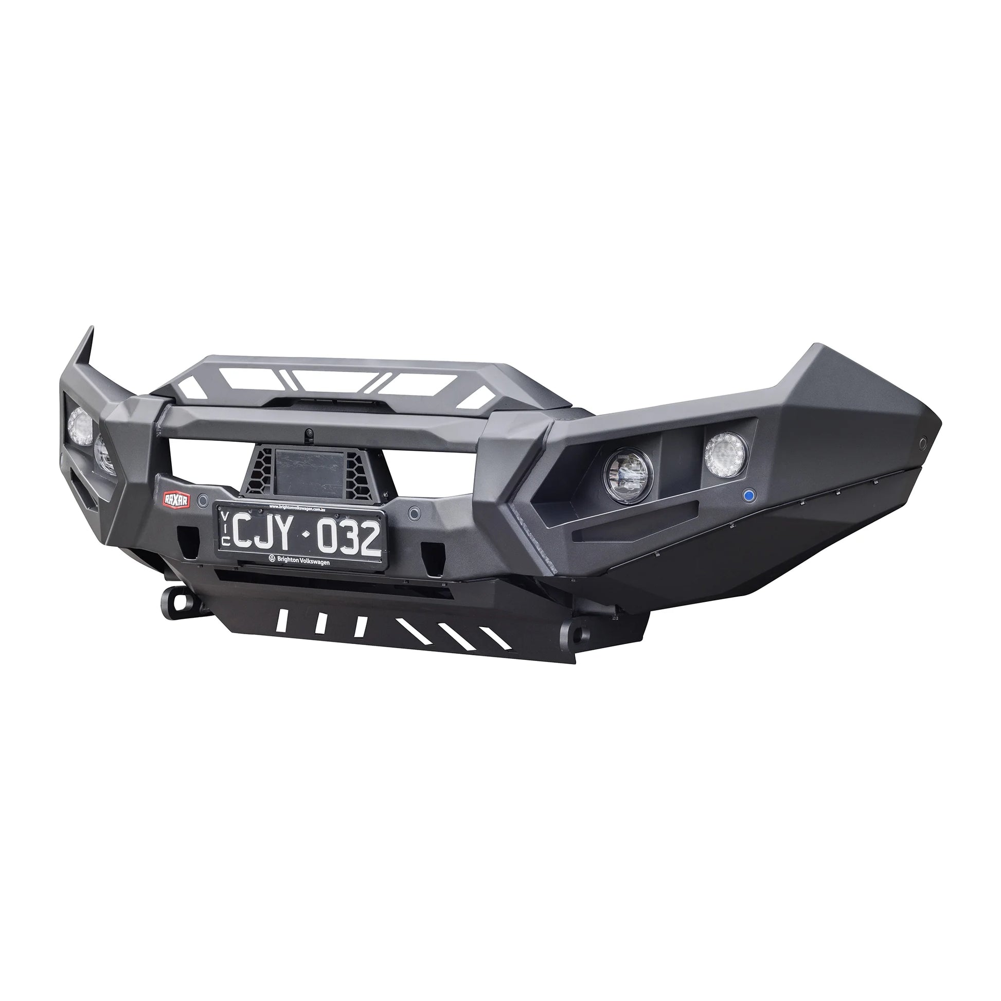 Captured from the left angle, the VW Amarok no loop bull bar product image from Elevated 4x4 highlights its robust split-pan airflow design, reinforced wing braces, and recovery-ready strength. Built for Australian conditions, this RAXAR bull bar delivers durability, safety, and stylish 4WD performance.