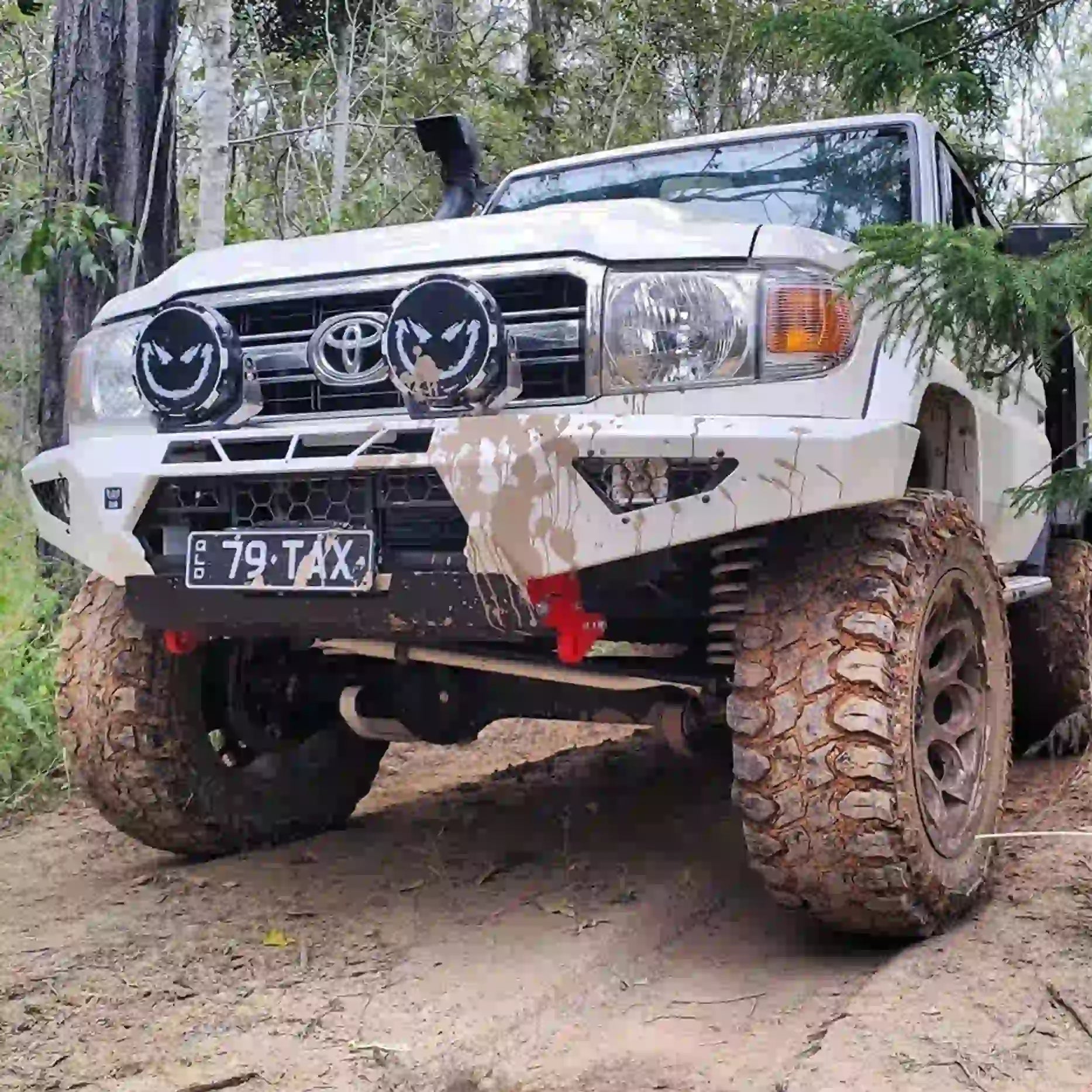 Left-angle shot of the Offroad Animal Predator Bull Bar on a Toyota Land Cruiser 78 Series, highlighting its rugged matte finish, integrated winch mount, and recovery points. Installed by Elevated 4x4, it’s the go-to 4WD upgrade for power and presence throughout Maitland and Rutherford.