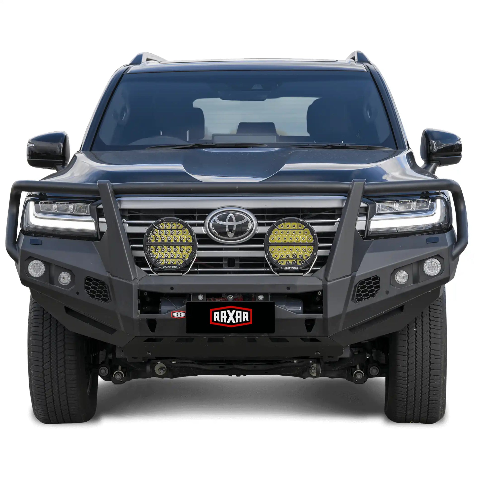 Shown from the right side, the Toyota LandCruiser 300 looped bull bar installed by Elevated 4x4 highlights rugged RAXAR engineering with underbody bash plates, airflow split-pan design, and full sensor compatibility. Built to handle Australia’s toughest terrain, it combines strength, style, and reliability.
