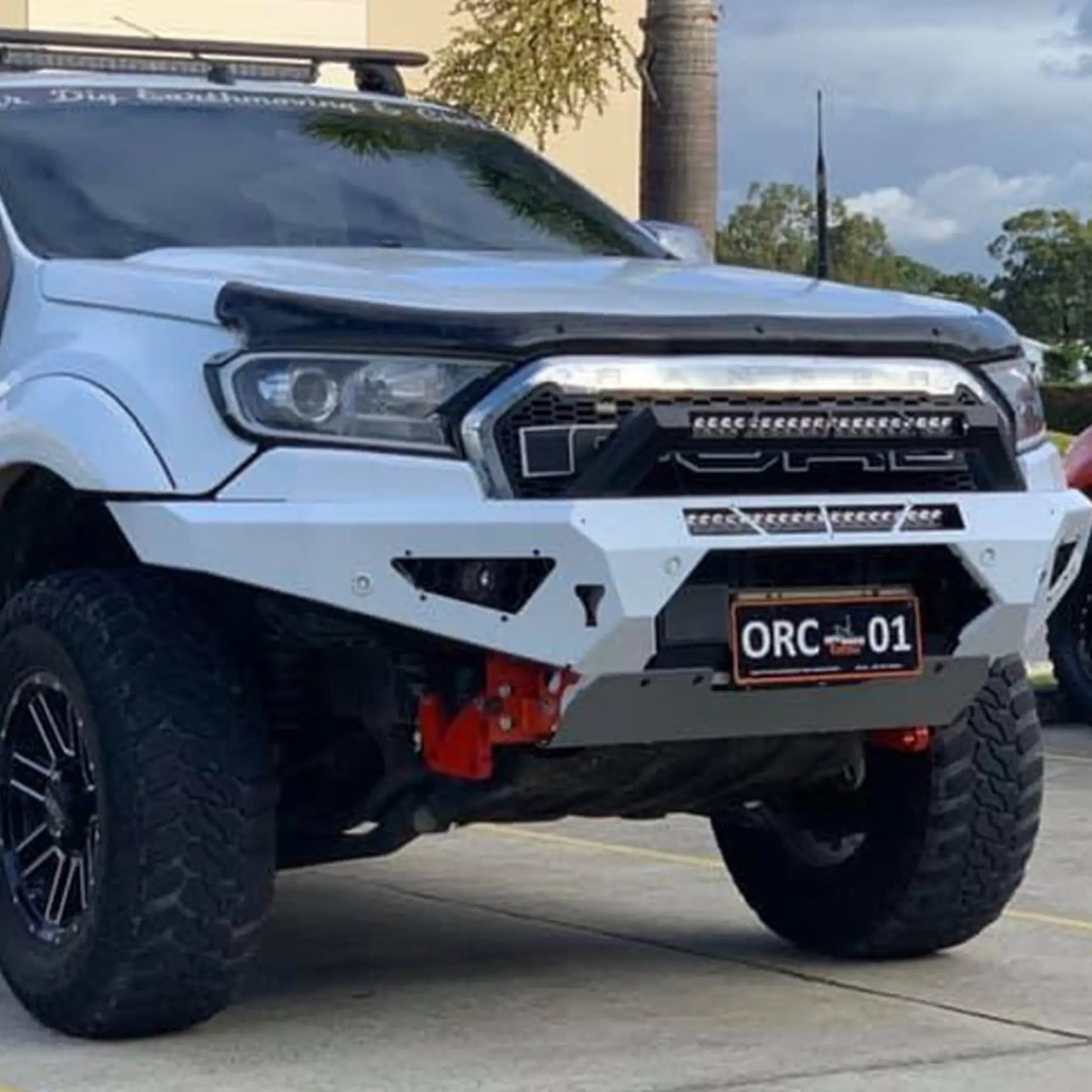 Close-up detail of the Offroad Animal Predator Bull Bar on the Ford Ranger PX2, featuring its airflow vents, winch mount, and hi-lift jack points. Built for strength and precision, this 4WD upgrade from Elevated 4x4 ensures lasting durability, superior cooling, and a rugged aesthetic perfect for Australian off-road driving.