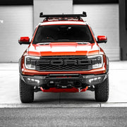 Front view of the Ford Ranger Raptor (2022 – Present) fitted with the Hamer Atlas Series Bull Bar, featuring ADR compliance, radar compatibility, and a rugged matte black powder-coated finish.
