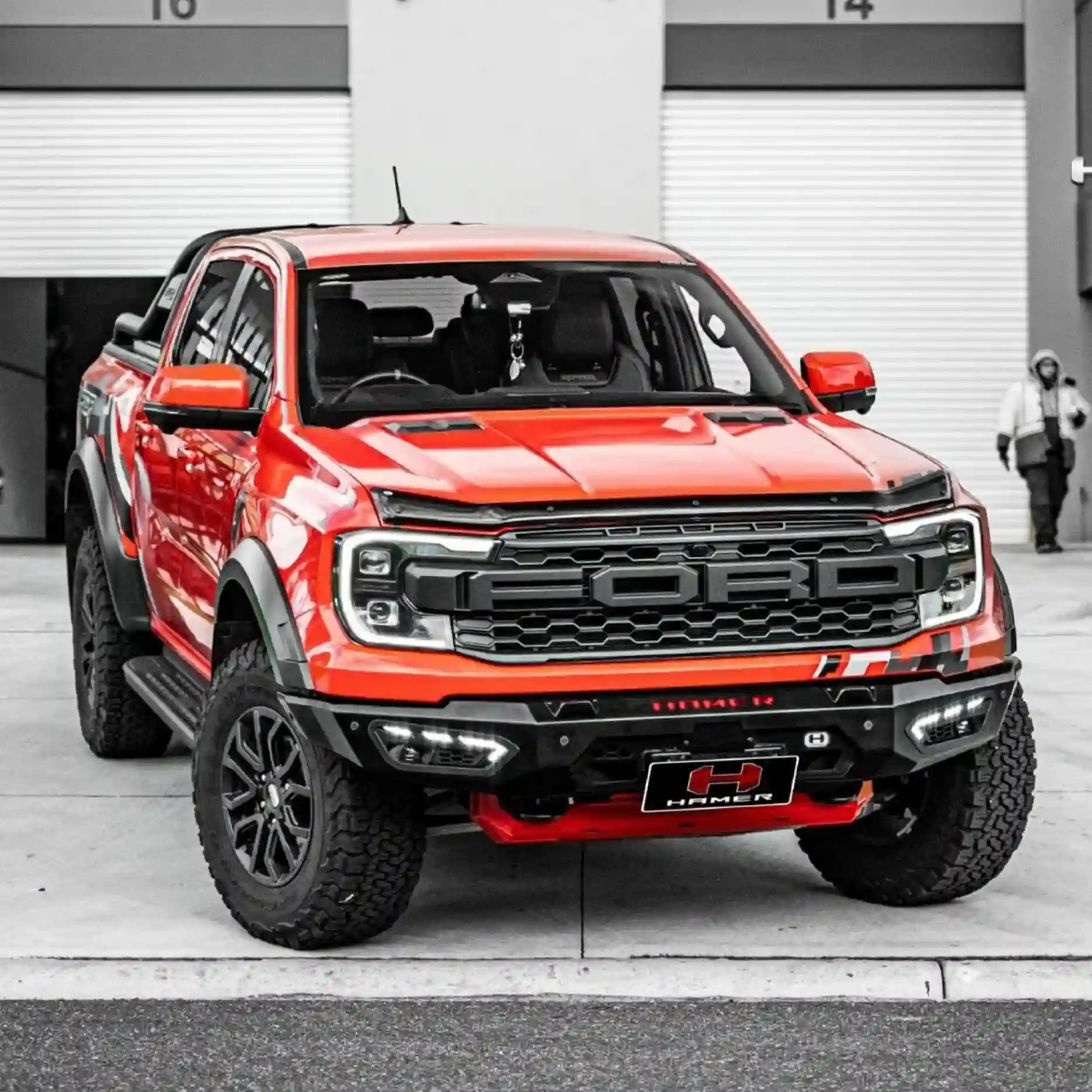 Left side view of the Ford Ranger Raptor equipped with the Hamer Atlas Series Bull Bar, constructed from 3 mm high-grade steel for durability and sleek integration.