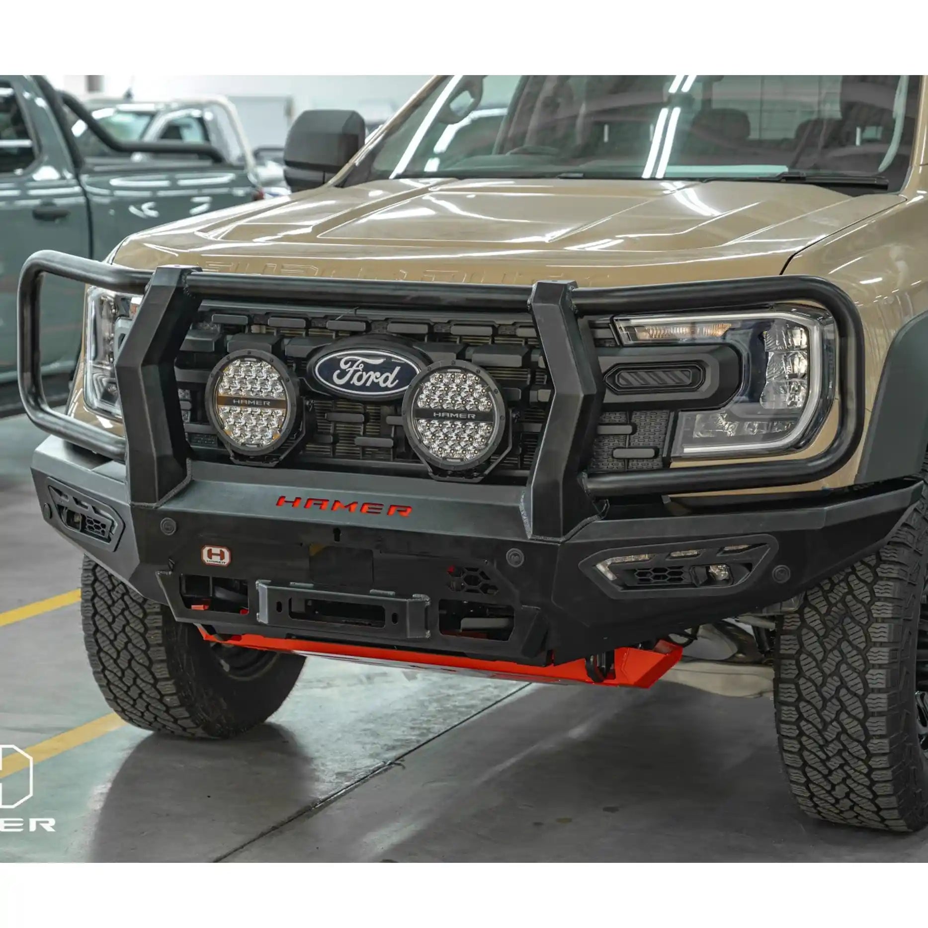 Left angle view of the Atlas Series Plus Bull Bar on the Ford Ranger Super Duty, showcasing its seamless vehicle integration, slim profile, and precision steel construction. Designed in Australia and available from Elevated 4x4, it delivers modern styling with uncompromising off-road protection for drivers in Maitland and Rutherford.