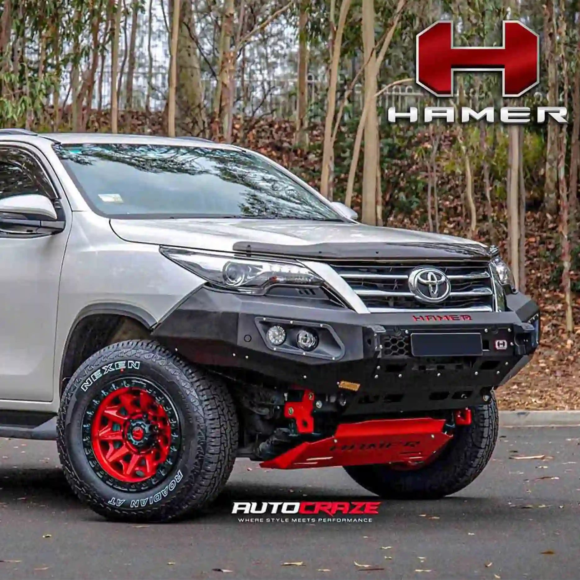 Left side view of Toyota Fortuner (2015–2020) fitted with Hamer King Bull Bar, sleek rugged design with integrated LED lighting.