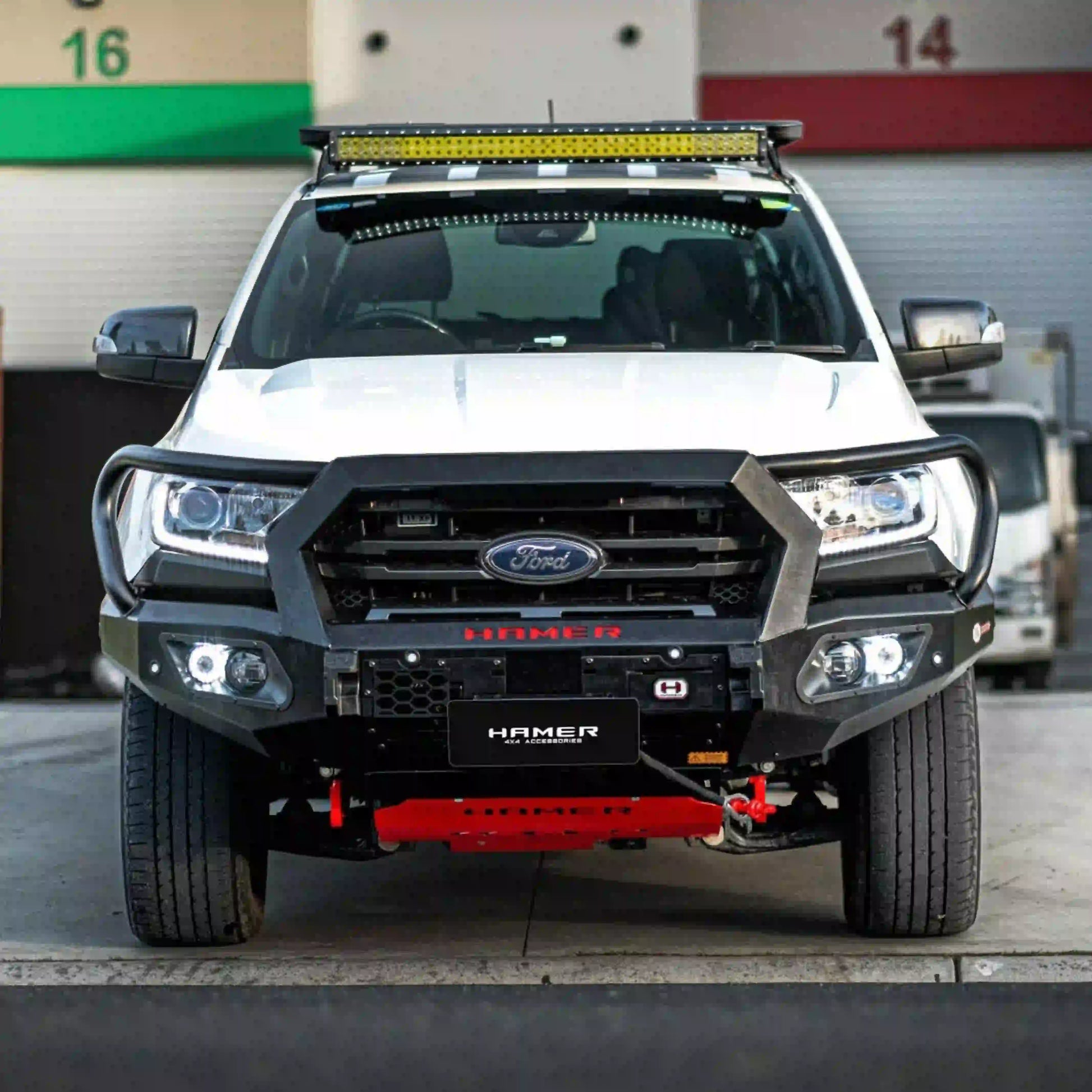 Front angle installed view of Hamer 4x4 King Series Plus Bull Bar for Ford Ranger PX2 PX3 (2015–2022), highlighting ADR compliance and LED lights.