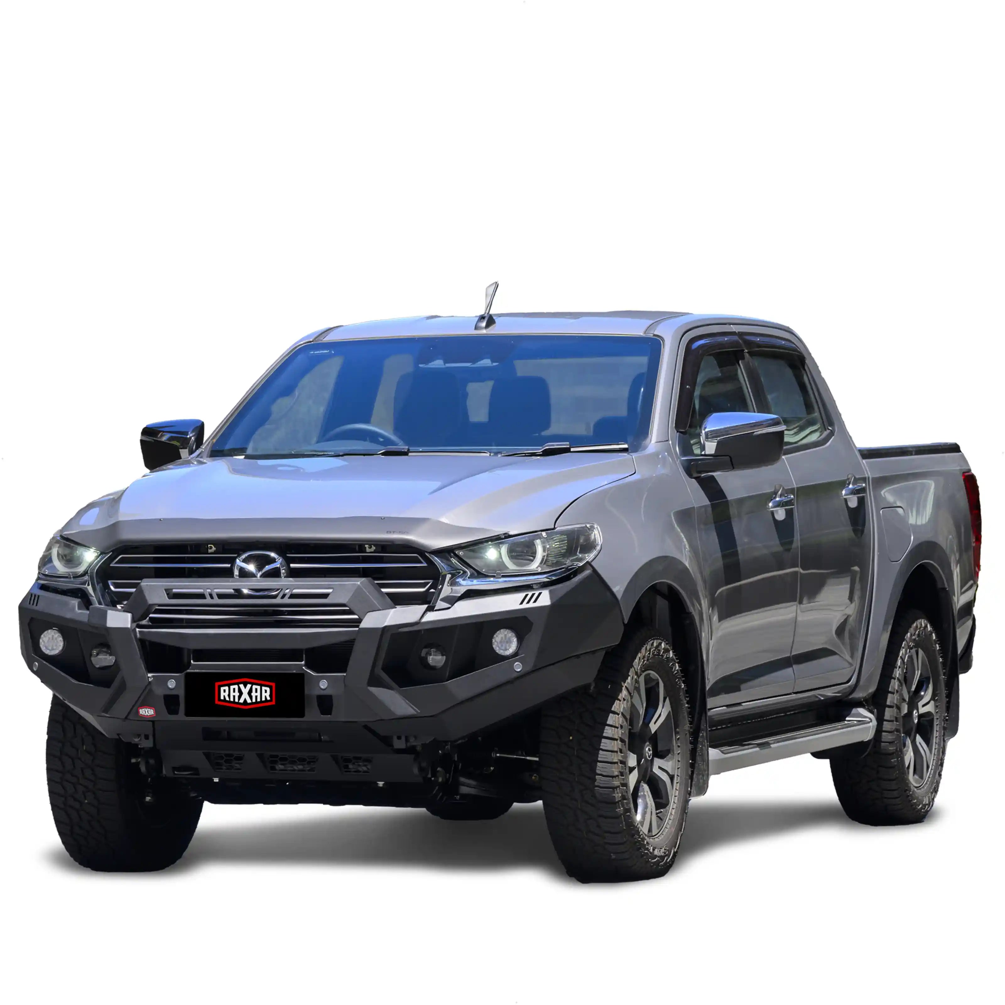 mazda bt50 no looped raxar bull bar installed right side angle highlighting airflow split pan strong wing bracing antenna tabs and fog light integration this rugged matte black bull bar provides durability and style for australian 4wd adventures available nationwide from elevated 4x4