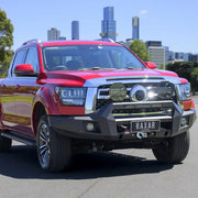 Front view of GWM Cannon Alpha fitted with RAXAR Bull Bar, matte black bumper cut design with fog lights, recovery points and winch compatibility.