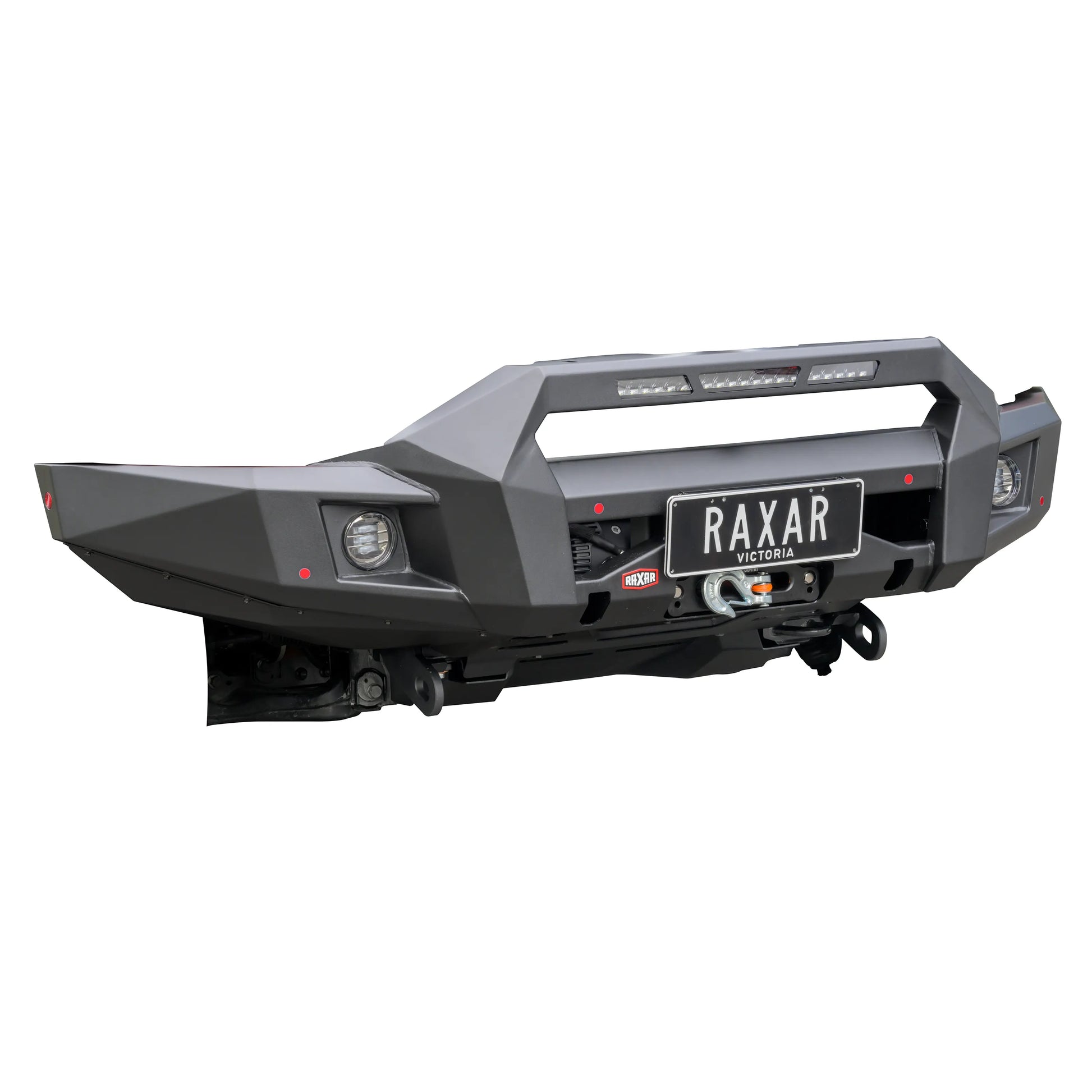Product left angle of RAXAR Offroad Bull Bar for GWM Cannon Alpha, split pan design, 4-tonne recovery points, fog lights and durable powder-coated finish.