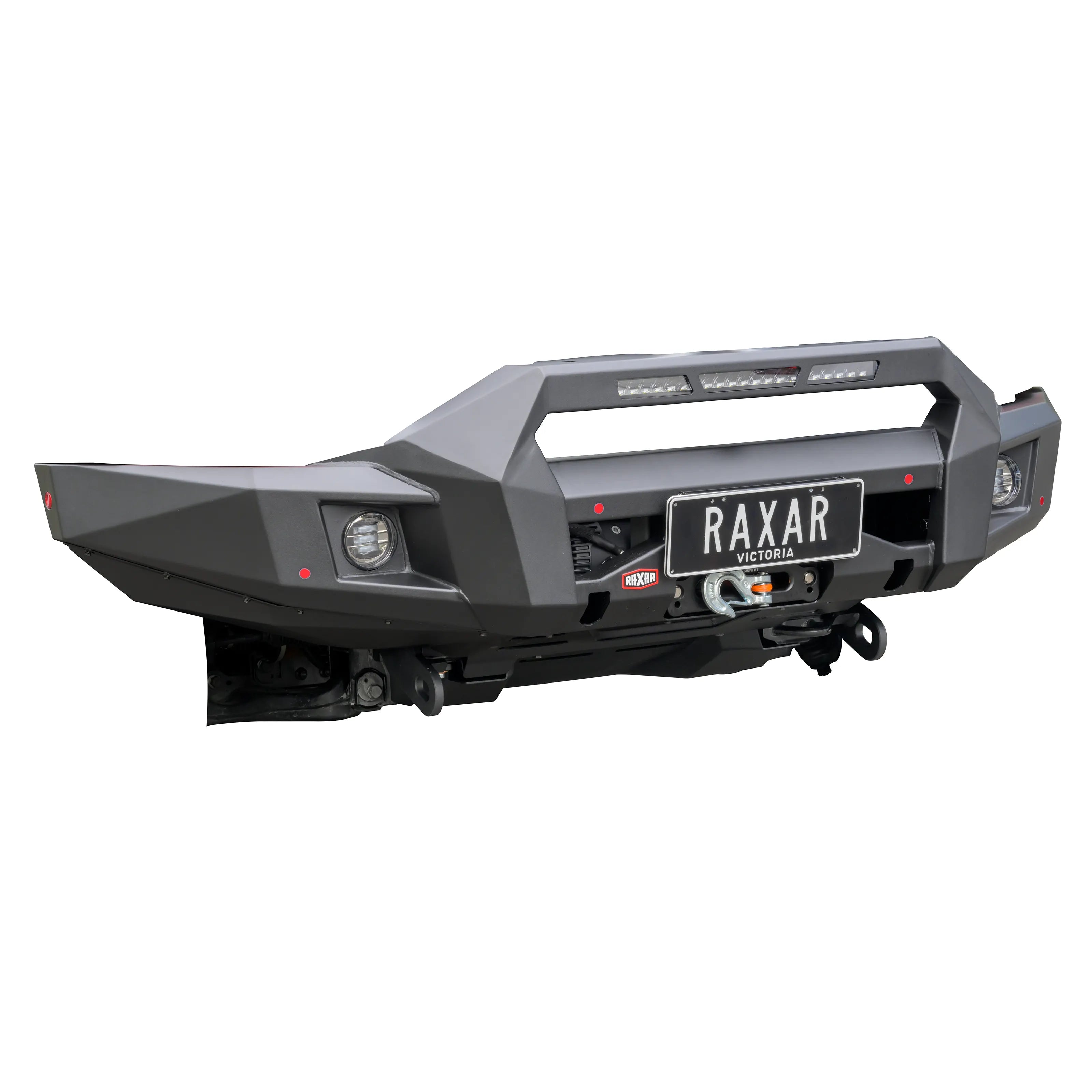 Product left angle of RAXAR Offroad Bull Bar for GWM Cannon Alpha, split pan design, 4-tonne recovery points, fog lights and durable powder-coated finish.