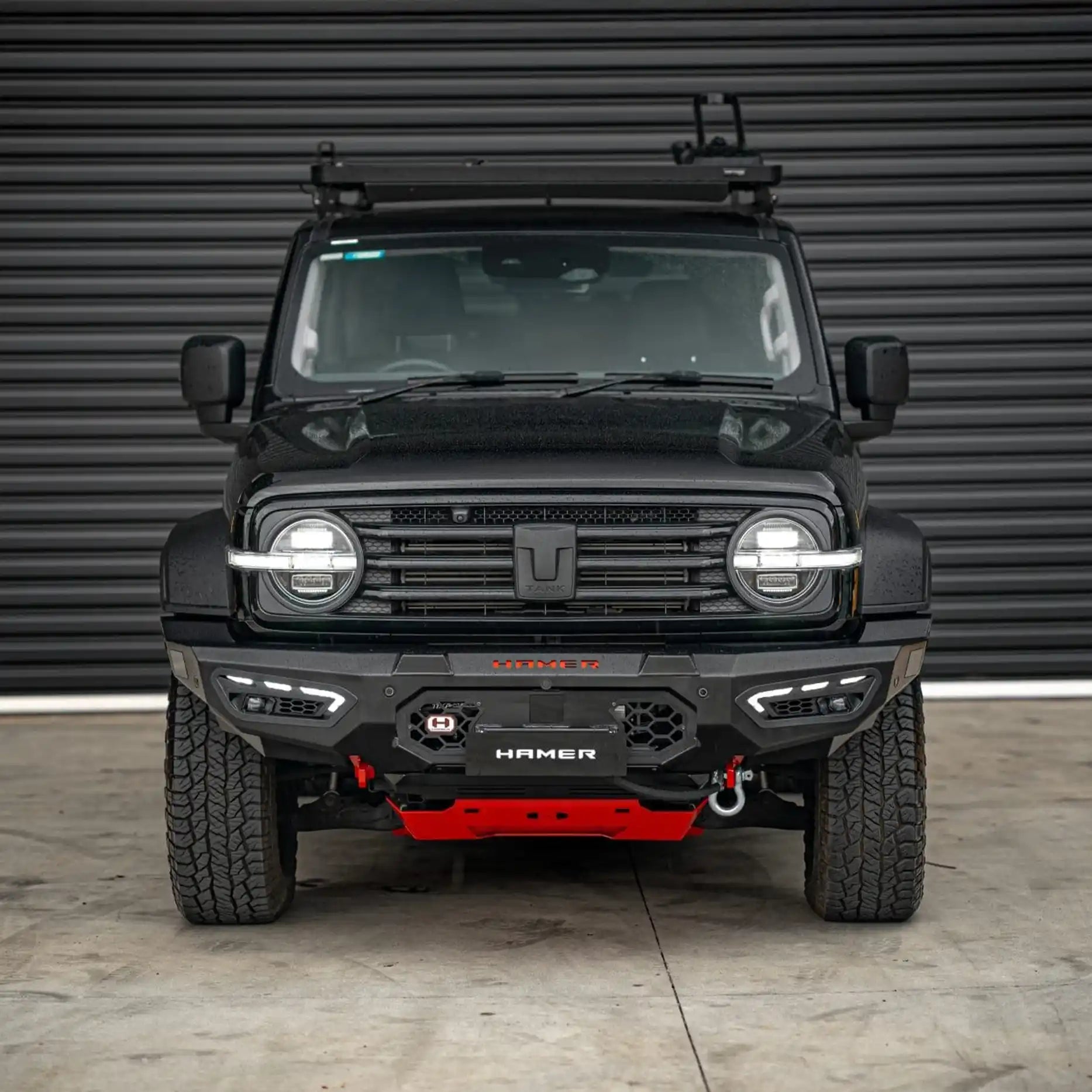Front view of Hamer Atlas Series Bull Bar on GWM Tank 300 (2023 – Present), featuring full bumper replacement, matte black finish, and ADR/Airbag compliance.