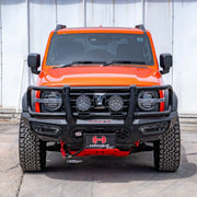 Front view of the GWM Tank 300 (2023 – Present) fitted with the Hamer Atlas Series Plus Bull Bar in matte black, showing its full bumper replacement design, LED lighting, and ADR compliance. Perfect for Newcastle and Hunter Valley off-road and city driving.