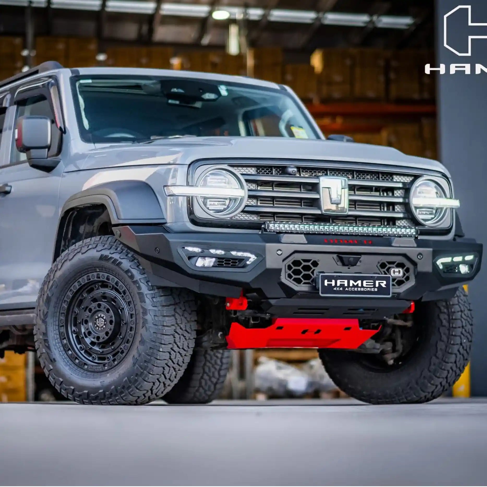 Left side view of Hamer Atlas Series Bull Bar for GWM Tank 300, highlighting seamless factory sensor integration, recovery points, and durable 3 mm steel construction.