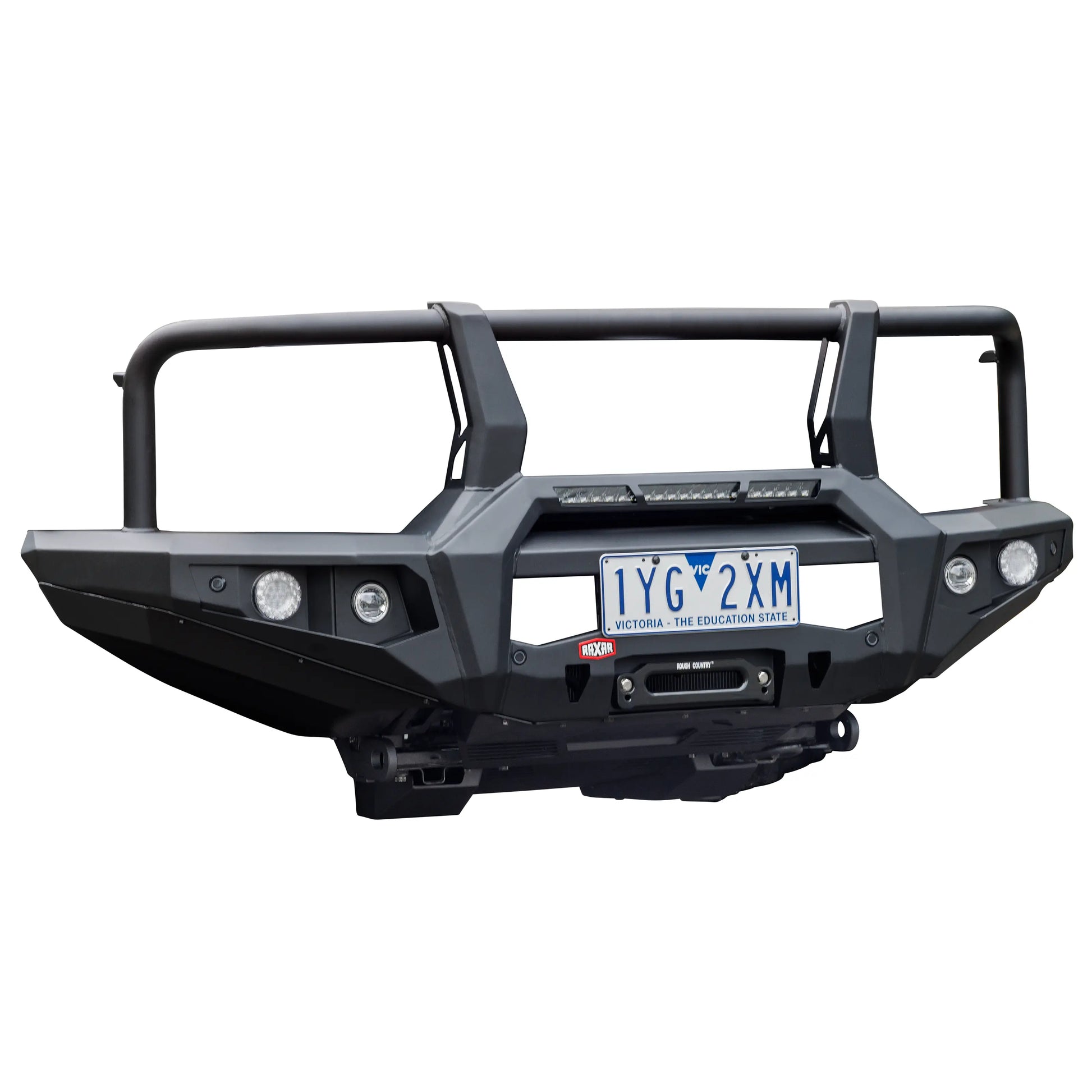 RAXAR Looped Bull Bar for GWM Tank 300, engineered with bash plates, e-coated finish, and high-lift jacking points. A strong and stylish 4WD accessory from Elevated 4x4, servicing  in Australia.