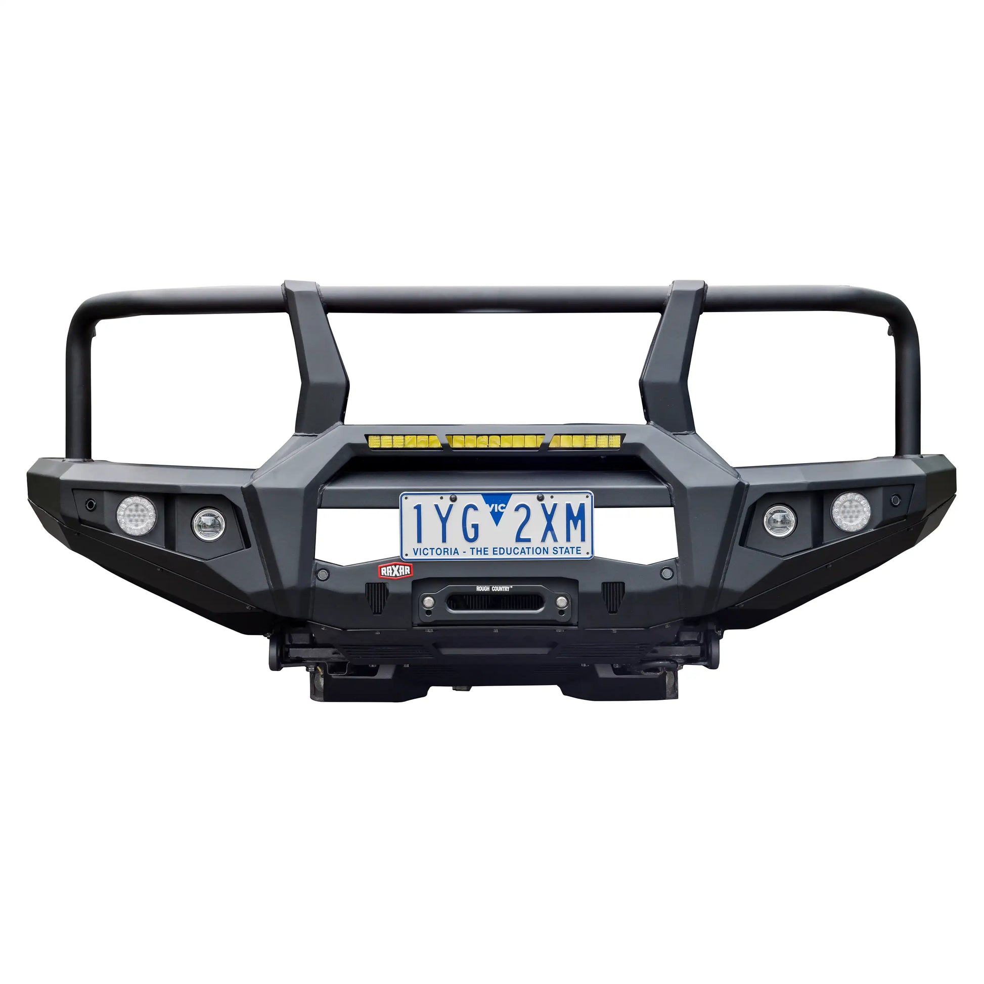 RAXAR Looped Bull Bar designed for the GWM Tank 300, with bumper replacement design, driving light mounts, and fog light compatibility. Built for off-road touring and tough conditions, available from Elevated 4x4  Australia.