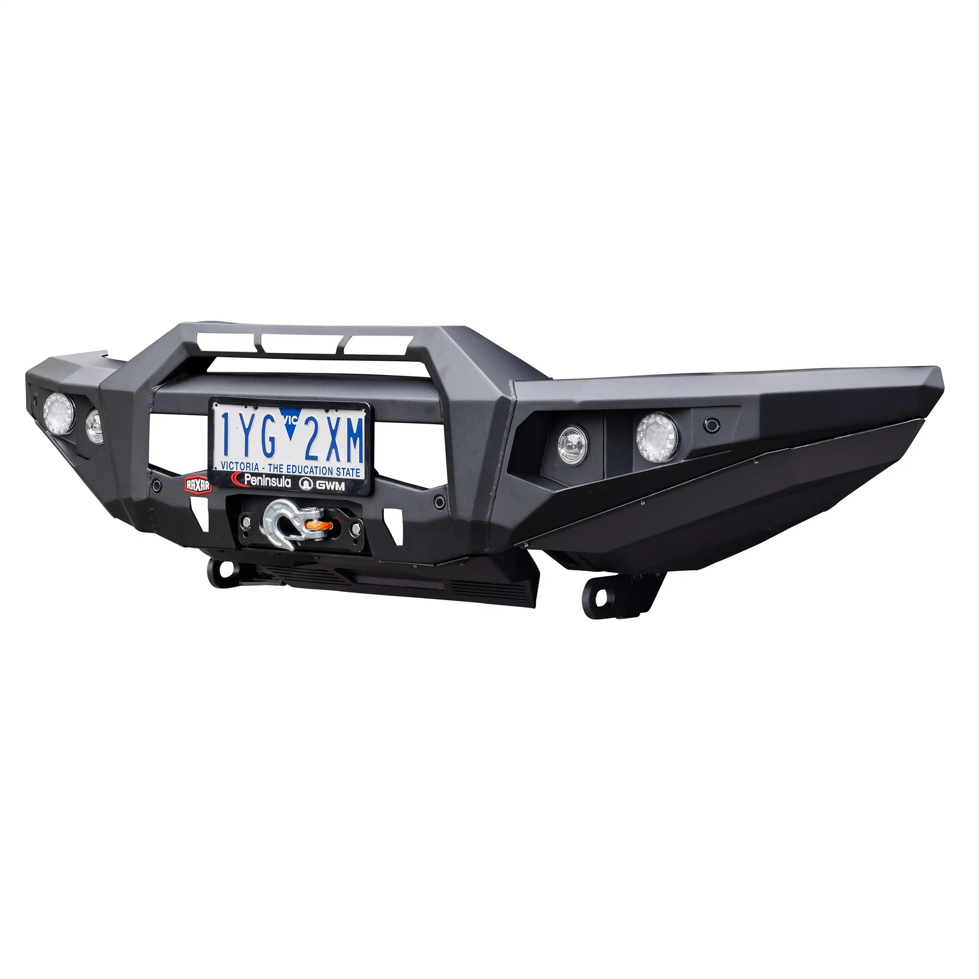 gwm tank 300 no looped bull bar right side view supplied by elevated 4x4 raxar australia featuring durable matte black powder coating wing bracing airflow friendly split pan and recovery features this design provides strength style and functionality for australian offroad enthusiasts and everyday 4wd drivers.