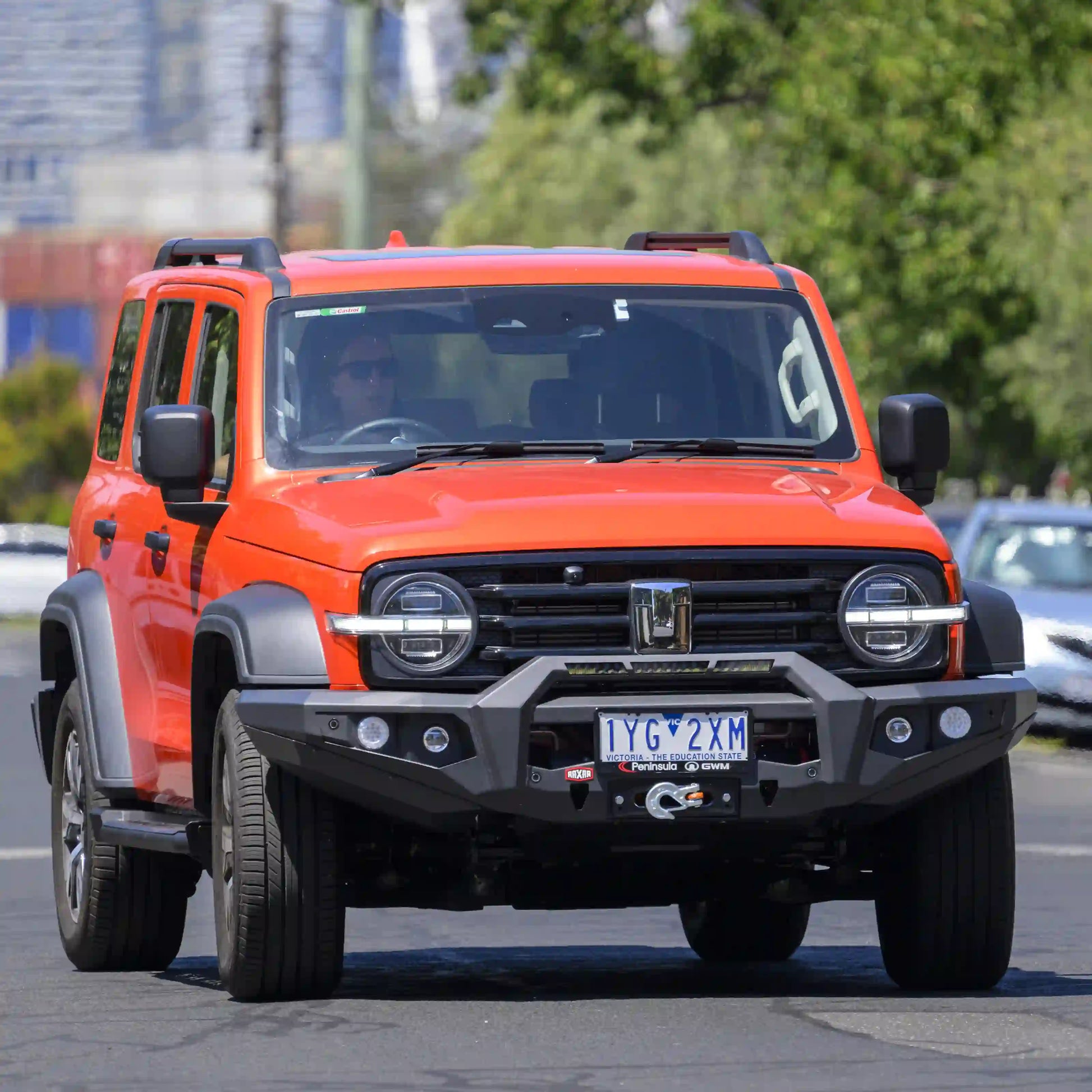 gwm tank 300 no looped bull bar front on vehicle fitted with raxar accessories from elevated 4x4 australia designed for durability strength and offroad performance this premium matte black bull bar includes recovery points winch compatibility airflow design and added protection for touring worksite and Australian adventures.
