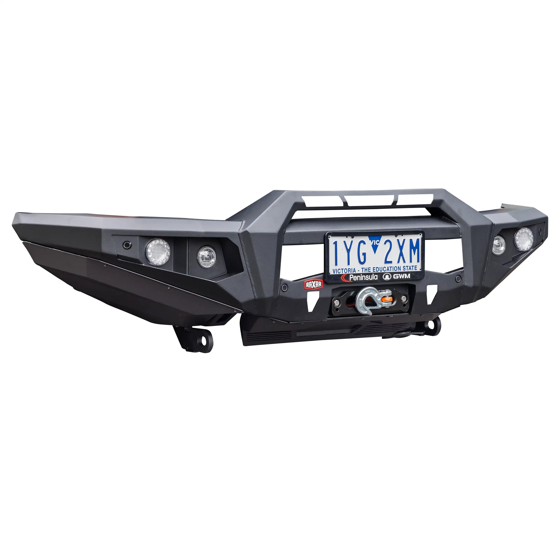 gwm tank 300 no looped bull bar left side view by elevated 4x4 raxar australia highlighting antenna tabs driving light mounts high lift jack points and strong bracing the functional design ensures durability airflow and premium finish making it ideal for australian 4wd touring worksite and outdoor adventures.