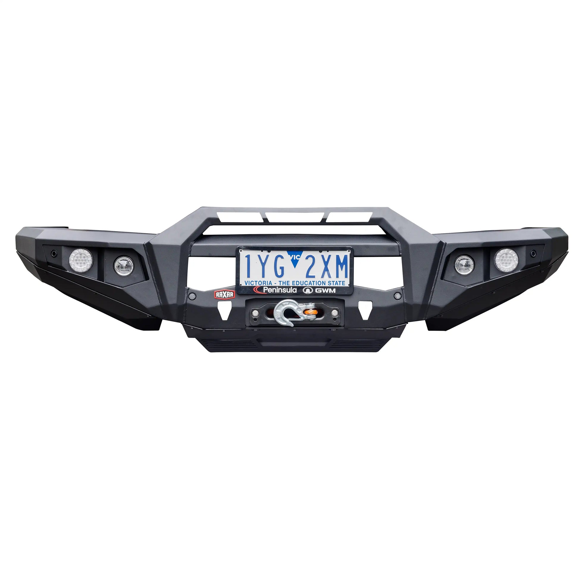 gwm tank 300 no looped bull bar product front view from elevated 4x4 raxar australia showcasing bumper replacement design split pan strength e coated matte black finish and full winch ready functionality engineered for reliability airflow and safety this bull bar is built tough for australian offroad and urban conditions