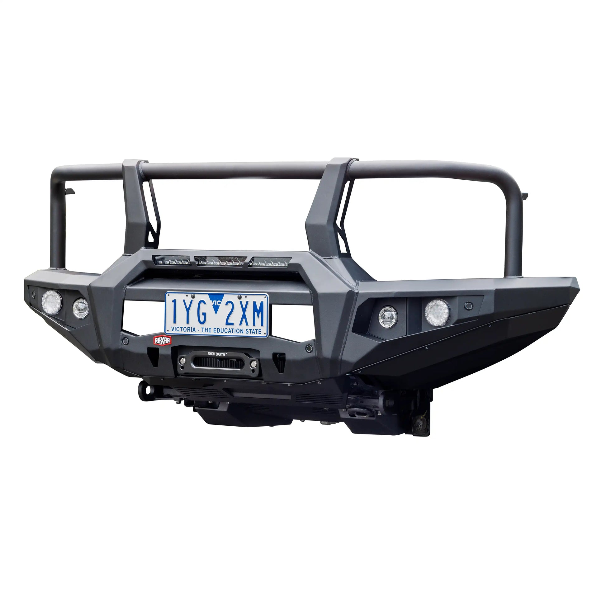 RAXAR Looped Bull Bar for GWM Tank 300, showcasing its split pan design, inner wing bracing, and antenna mounts. Trusted by Elevated 4x4 customers in Australia for off-road durability and touring reliability.